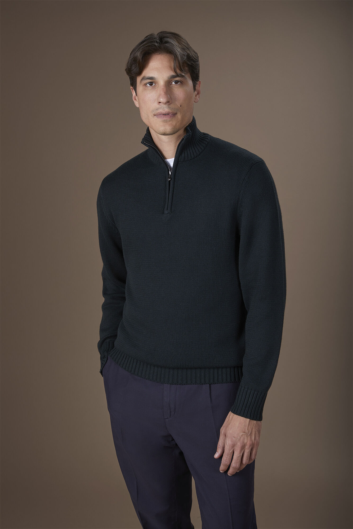 Doppelganger - Maglia uomo collo alto con zip in costa inglese regular fit