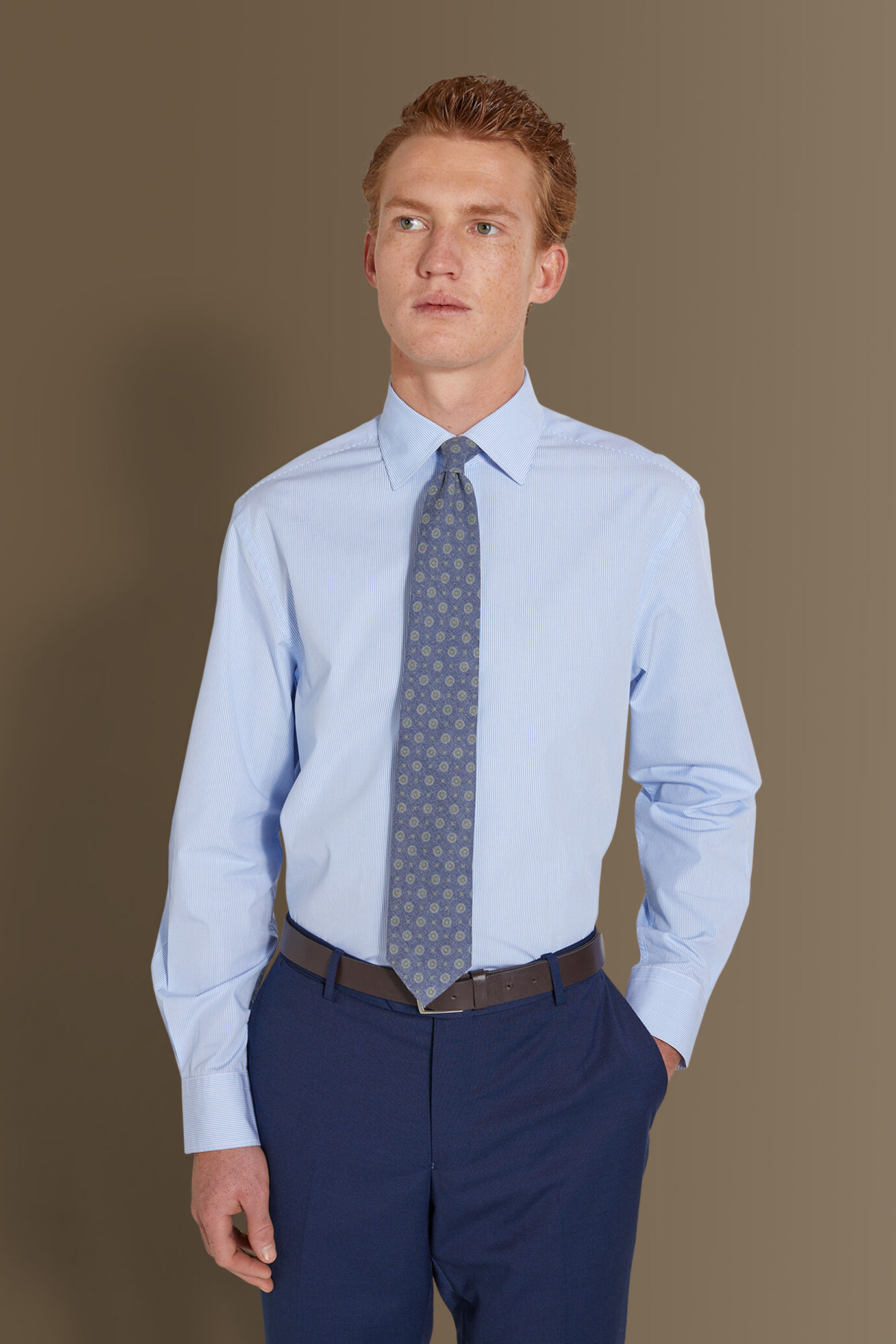 Camicia classica lavata uomo collo francese tinto filo popeline rigato image number 0