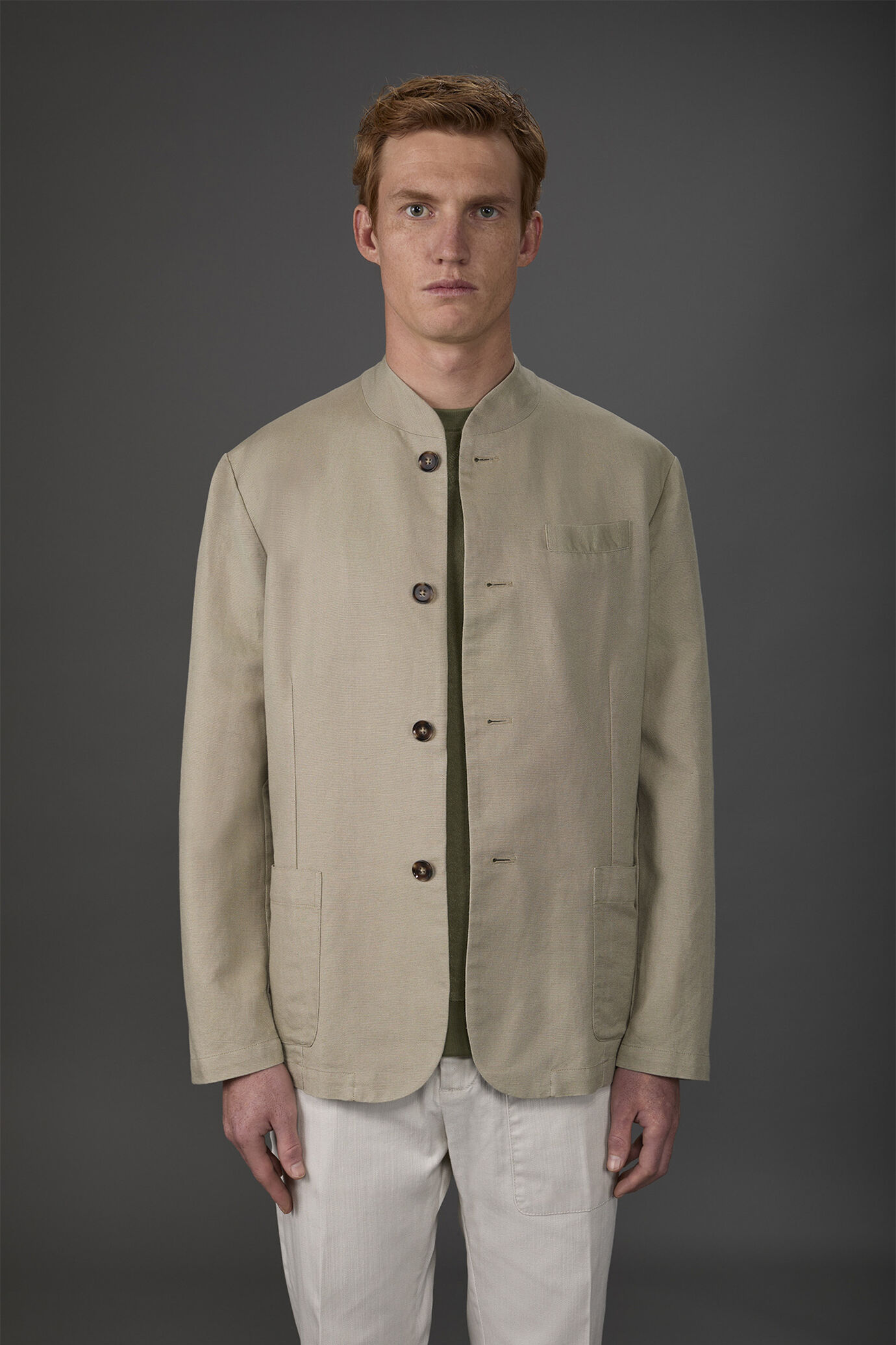 Men's unlined single-breasted jacket with mandarin collar linen and cotton blend image number 1
