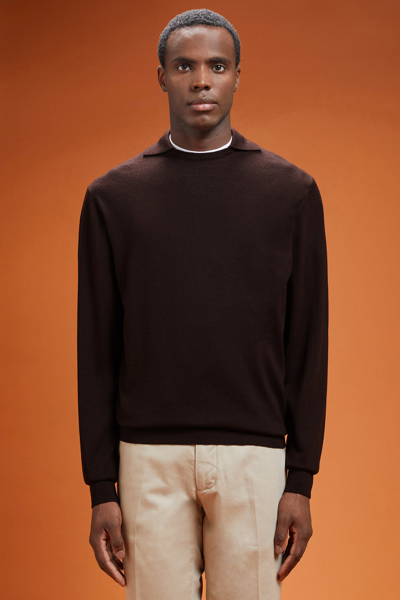 Herren-Pullover mit Rundhalsausschnitt und Polokragen aus 100 % extrafeine Merinowolle in normaler Passform image number 0