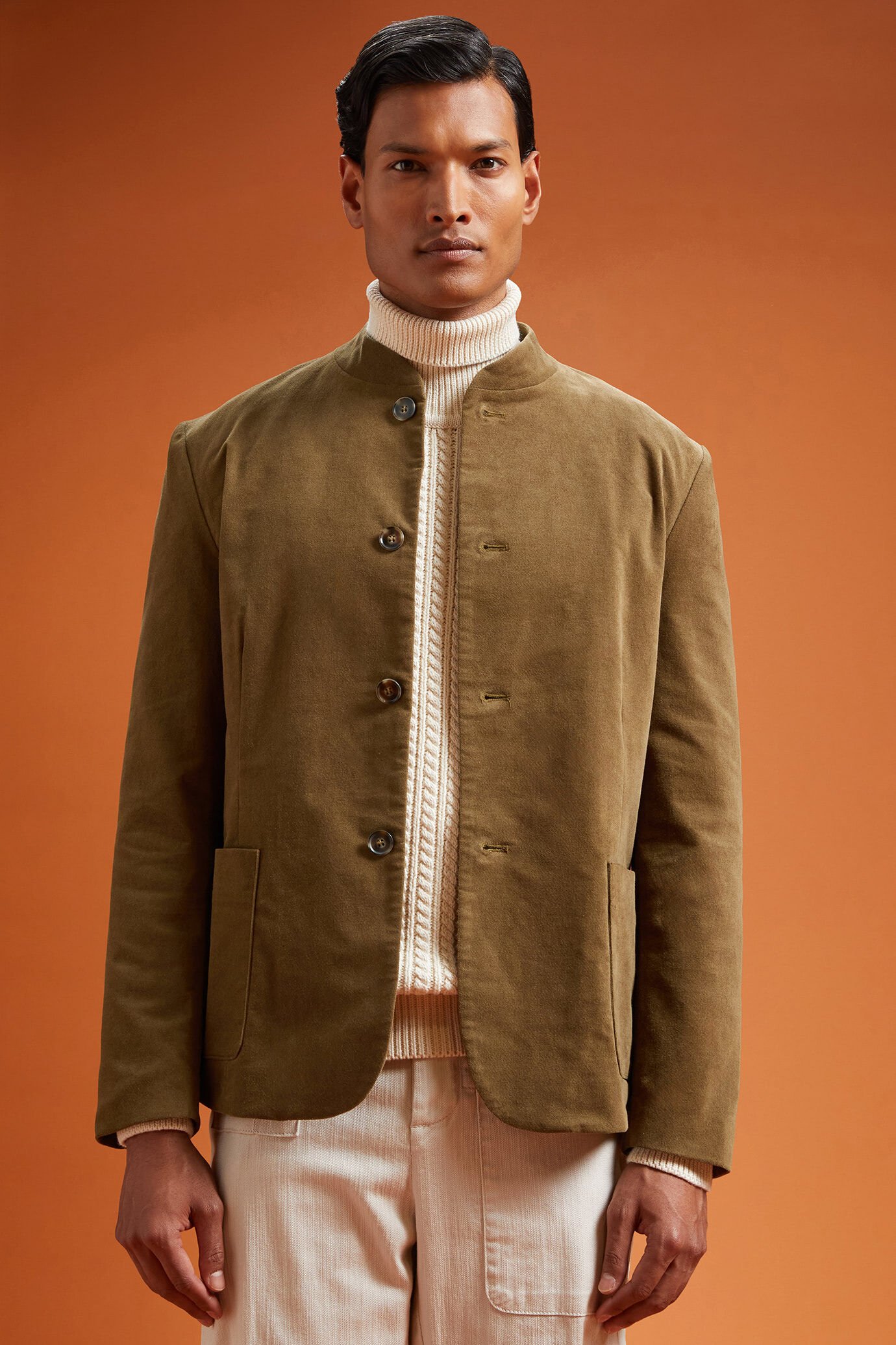 Men's regular fit jacket in cotton velvet with a Mandarin collar image number 0