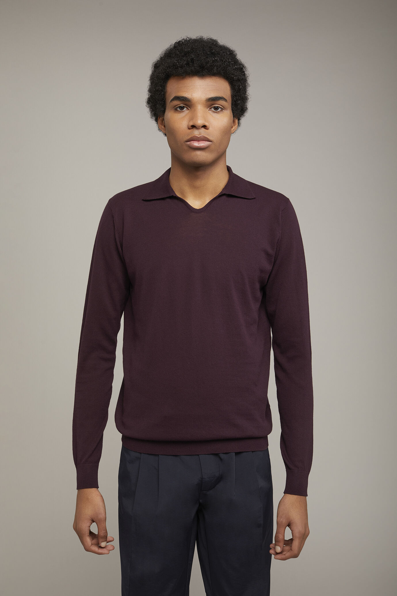 Herren-Poloshirt mit V-Ausschnitt aus 100 % Baumwollstrick und langen &Auml;rmeln in normaler Passform image number 2