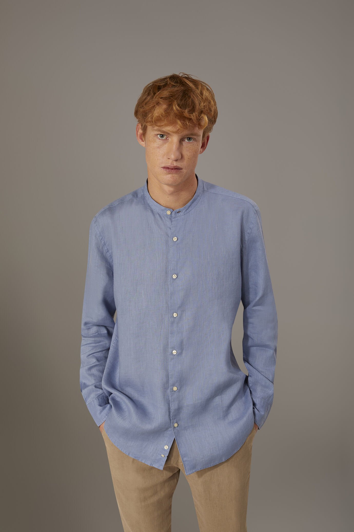 Camicia casual collo coreana comfort fit 100% lino image number 0