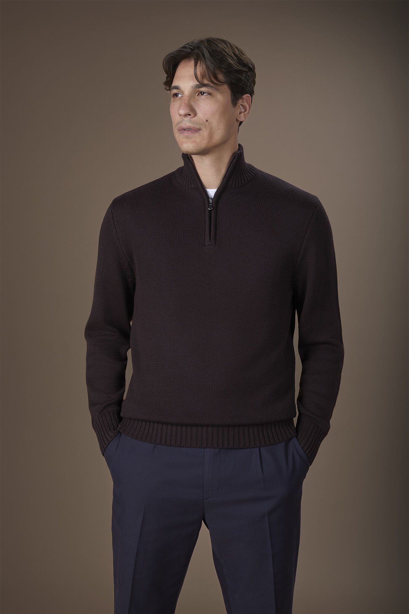 Men's high neck zip sweater in English rib regular fit image number 0