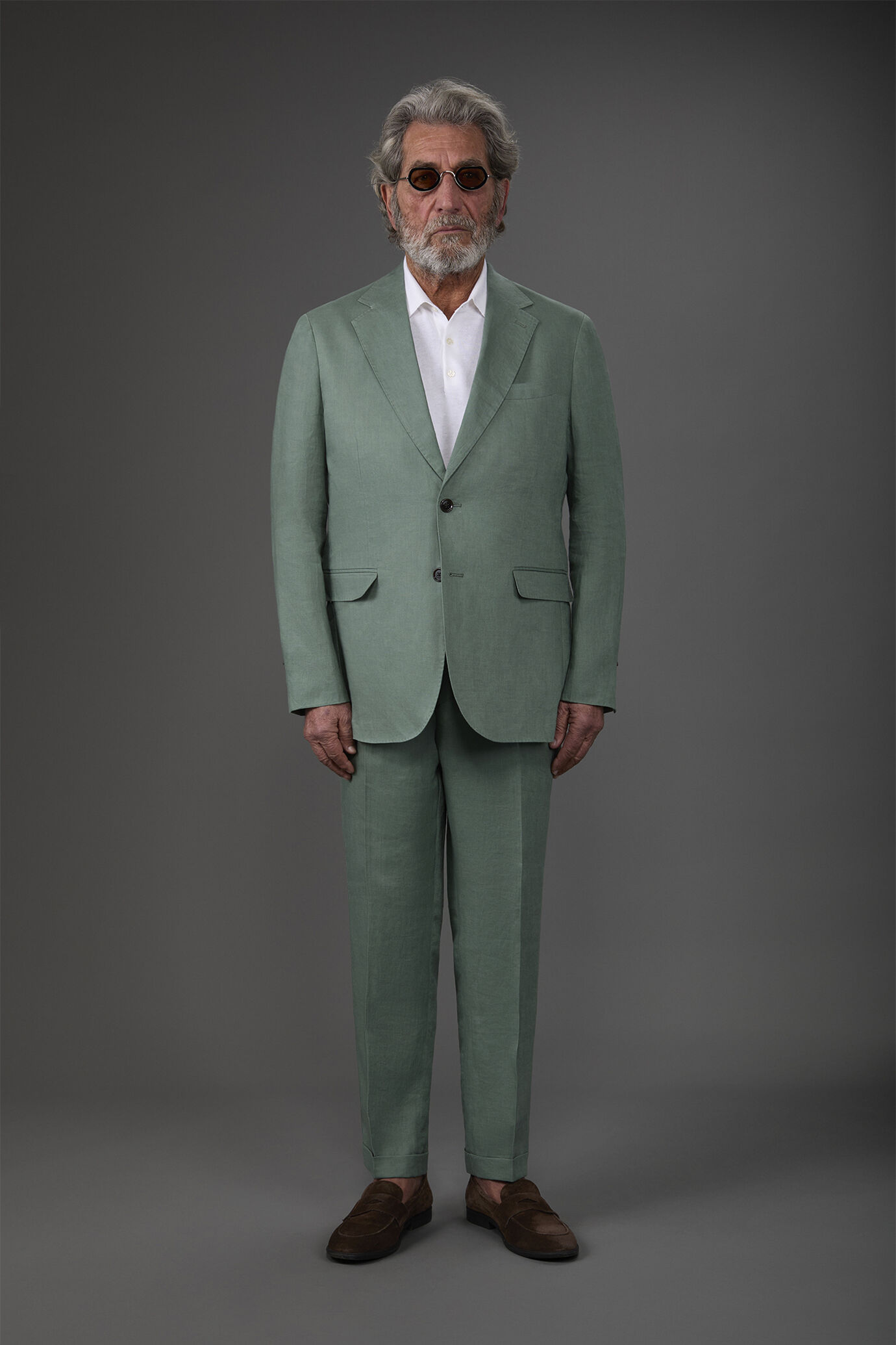 Single-breasted men's suit with flat front trousers, in 100% linen with a washed effect image number 0