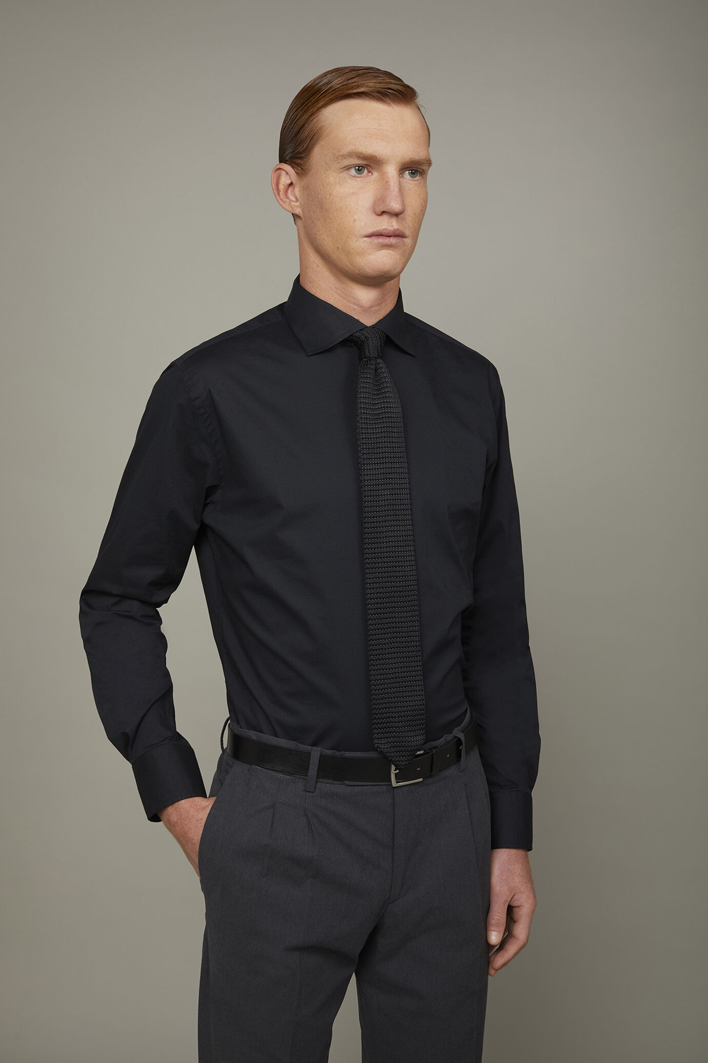 Men's French collar classic shirt stretch slub fabric image number 2