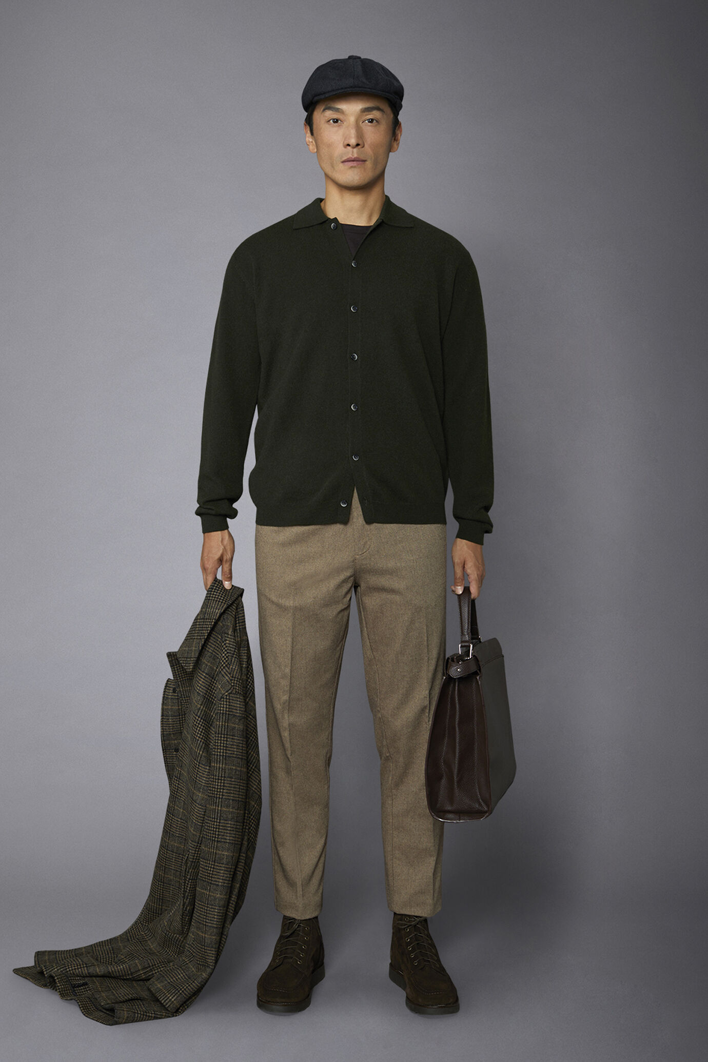 Pantalone chino uomo tessuto in cotone mano lana spinato regular fit