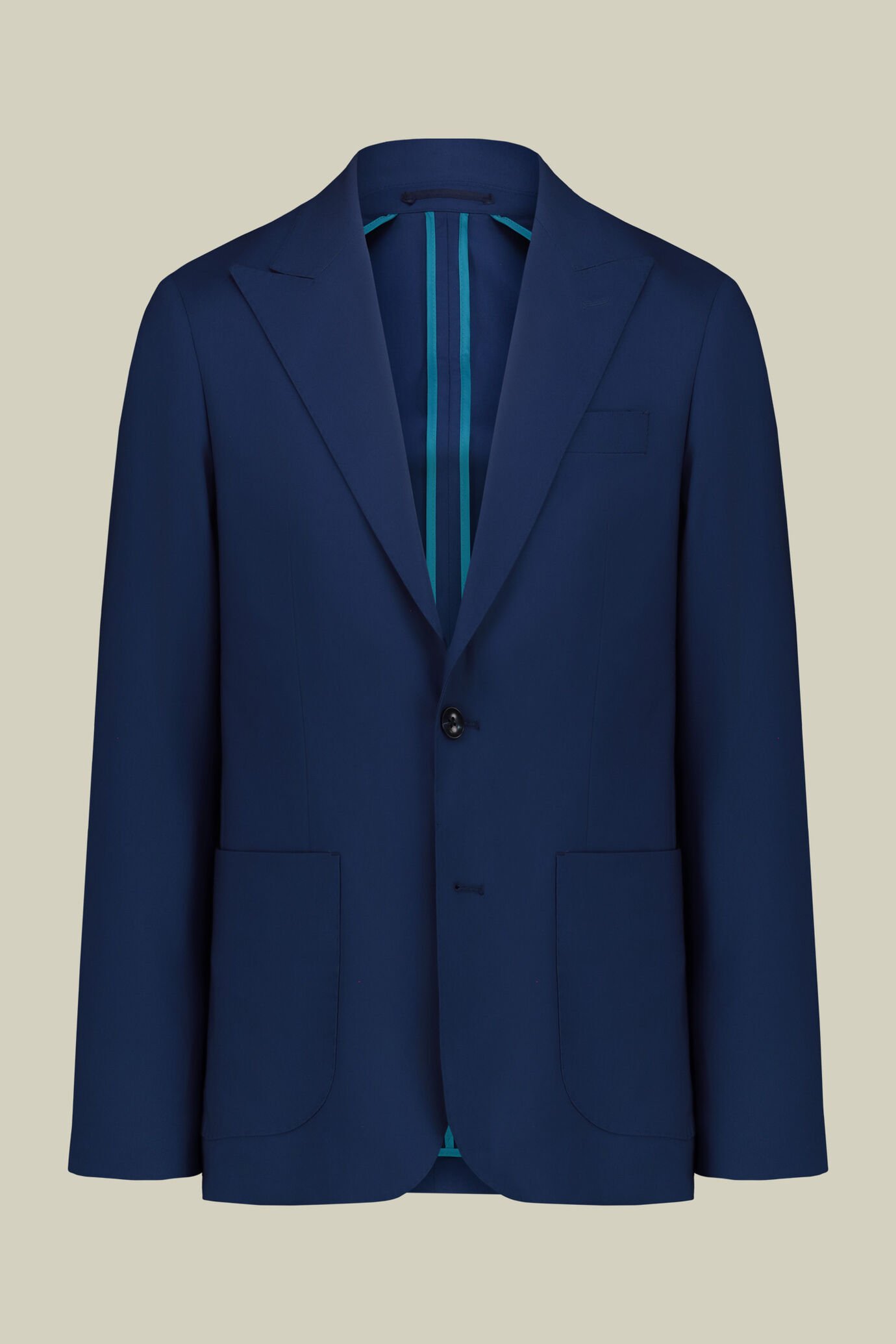 Men's single-breasted suit with two-button jacket and peaked lapel