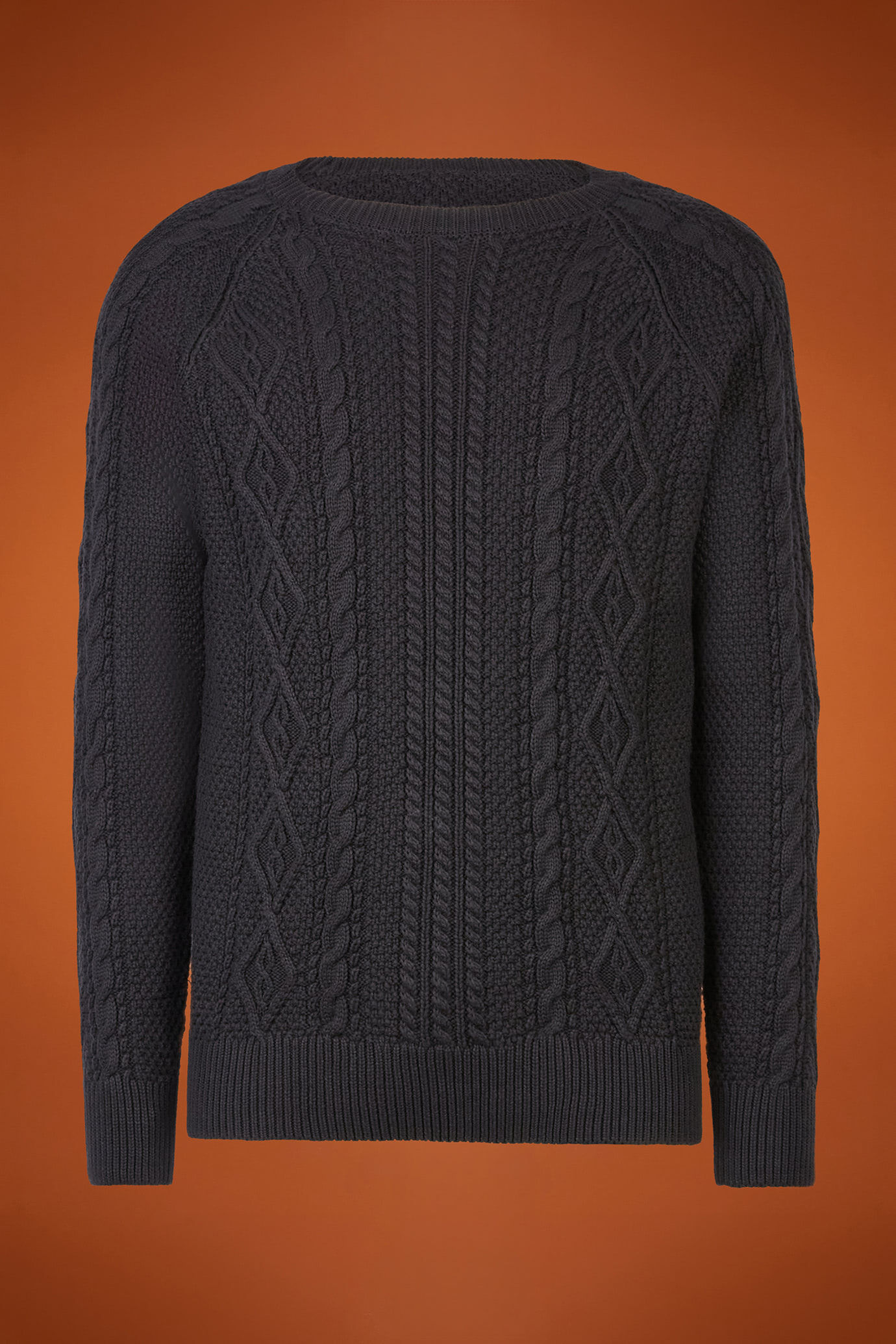 Men's regular fit cable knit jumper in 100% cotton with a crew neck