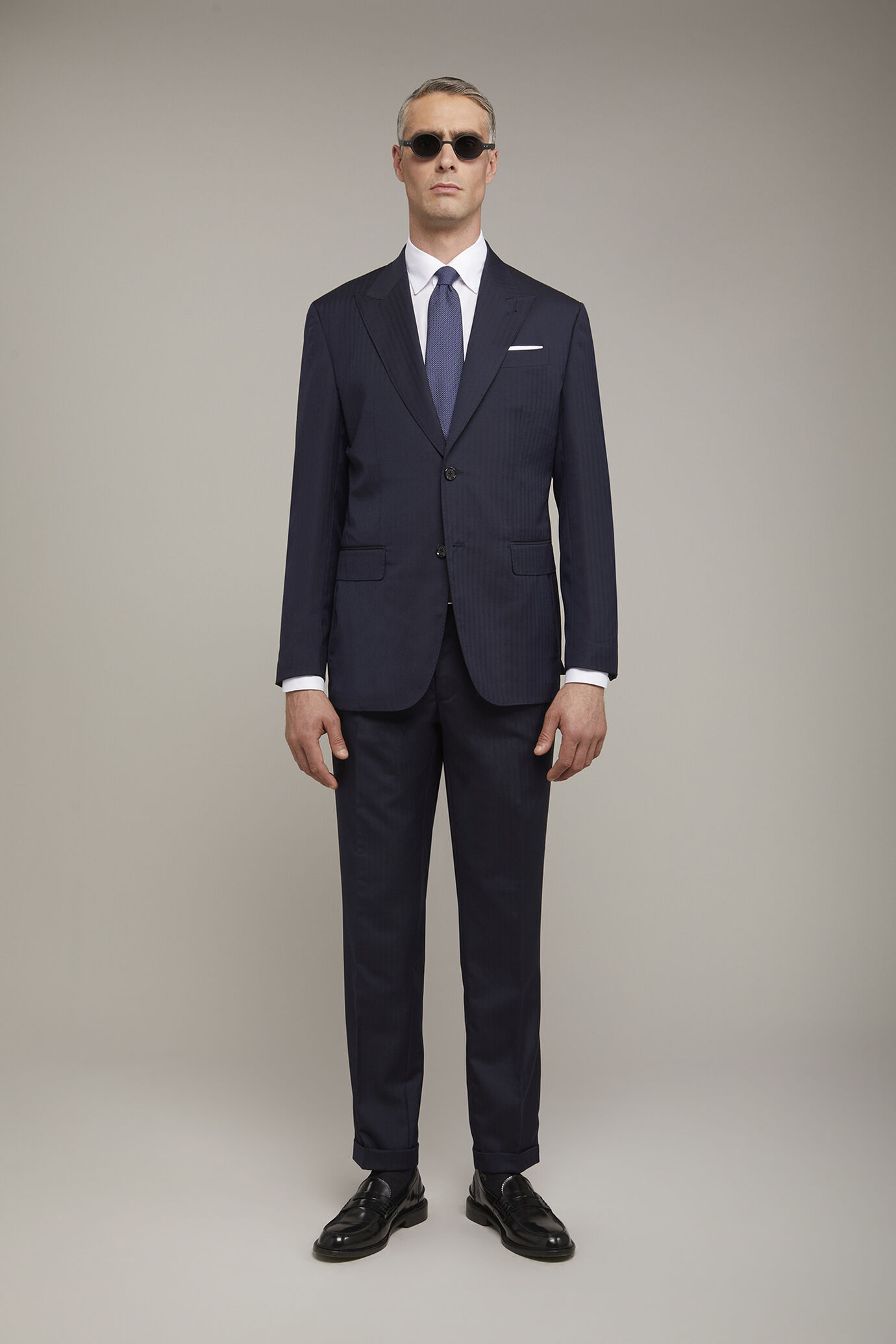 Men's single-breasted Wool Blend suit with herringbone pattern regular fit