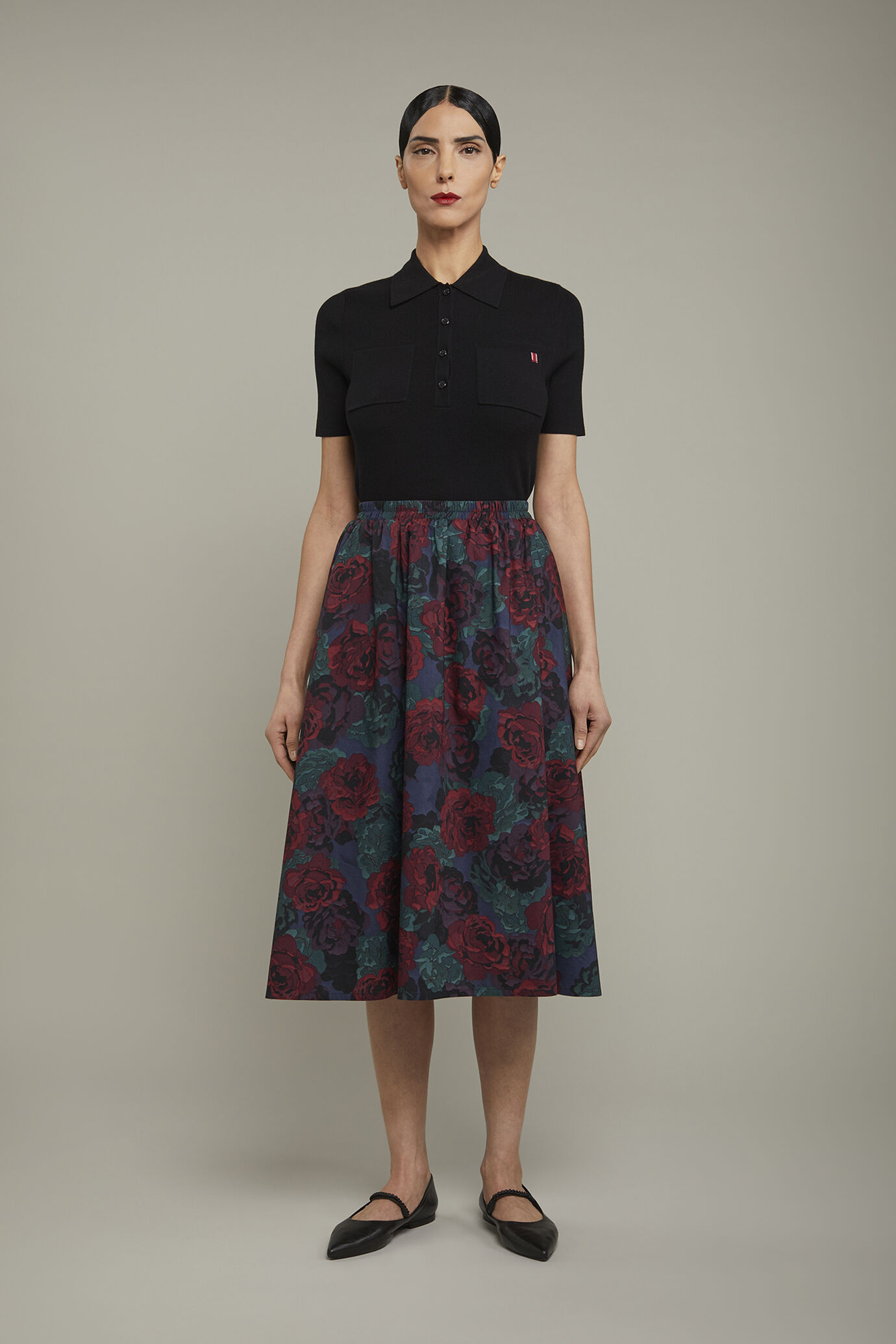 Gonna donna 100% cotone svasata con elastico in vita disegno floreale regular fit image number 2