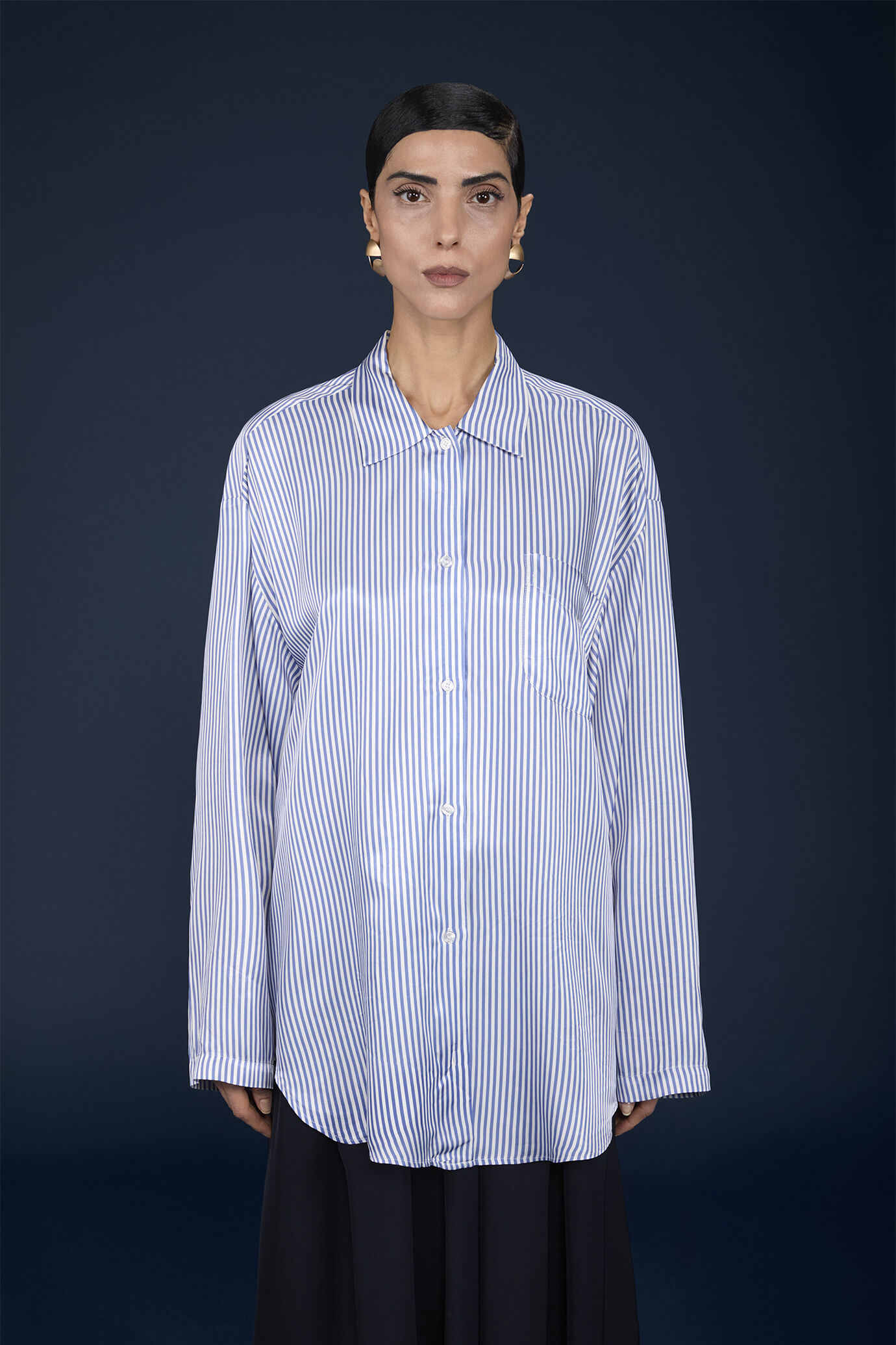 Camicia donna pigiama oversized in tessuto stampato a righe image number 1