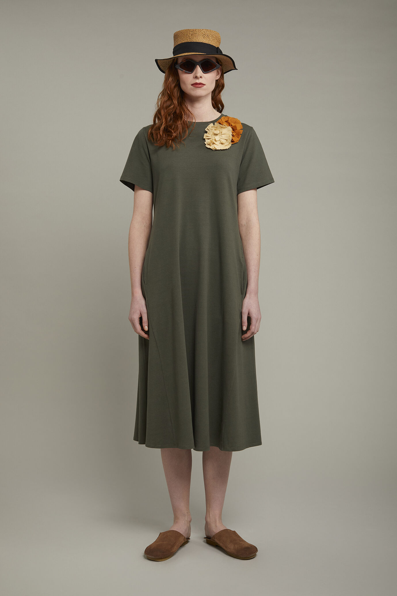 Robe midi femme à col rond et manches courtes en jersey de coton stretch coupe régulière image number 0