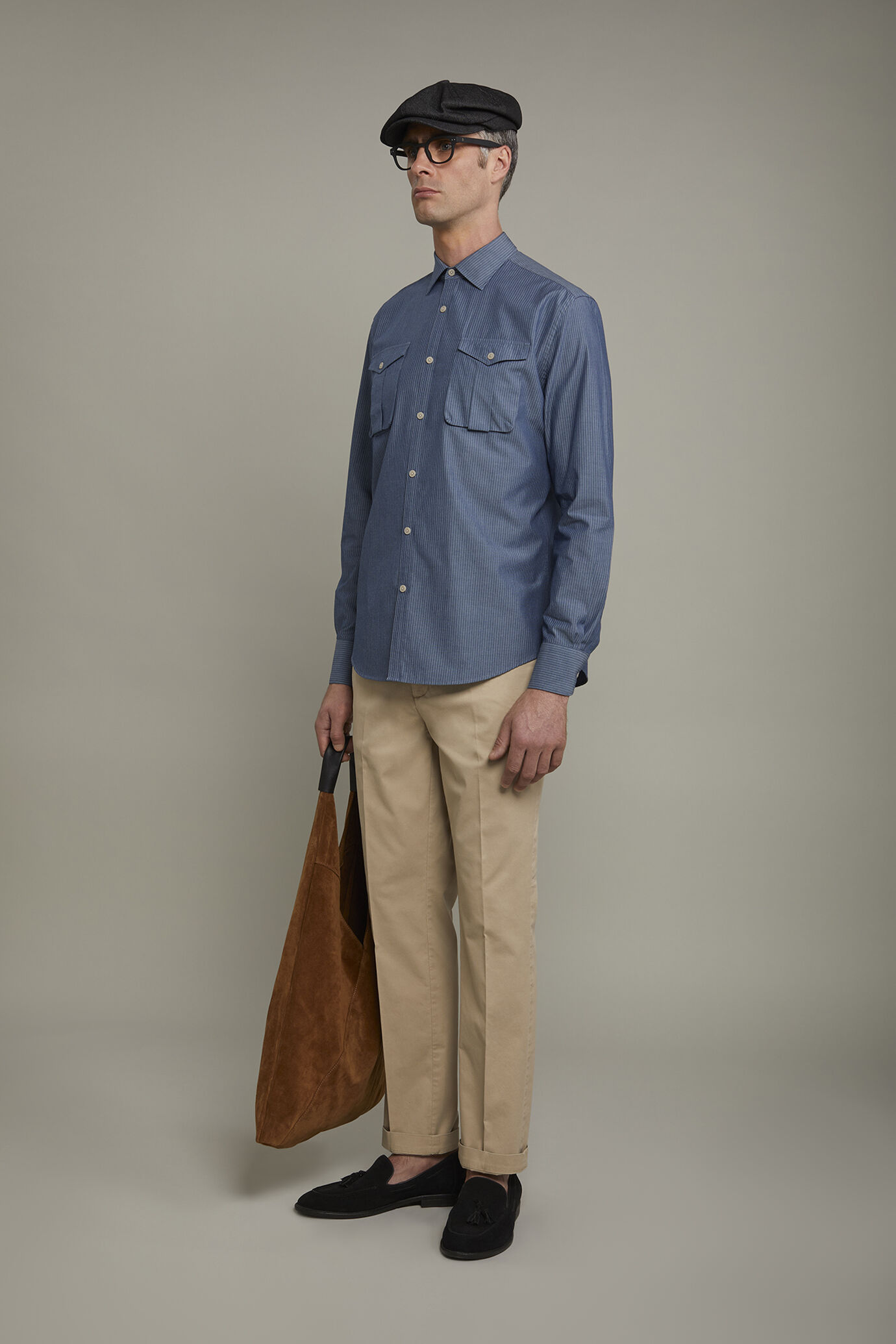 Camicia casual uomo collo classico 100% cotone tessuto gessato in denim comfort fit image number 1