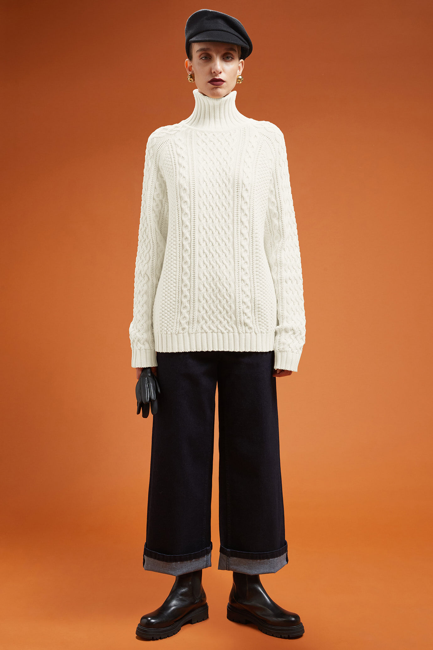 Hoch geschlossenre Damen-Pullover aus 100 % Baumwolle mit Zopfstrick und Norwegermuster image number 1