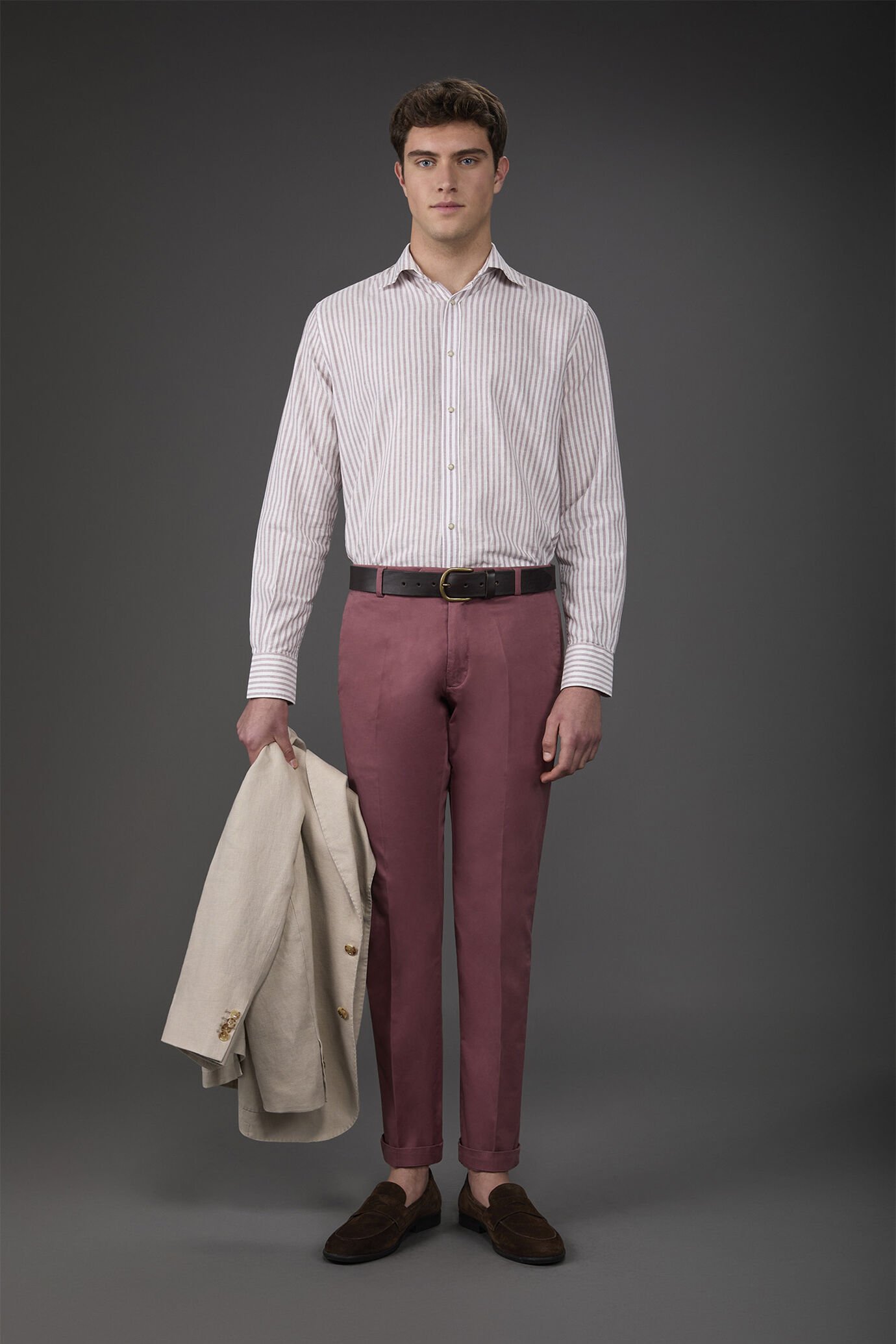 Camicia uomo casual collo francese tessuto in lino e cotone lavato rigato image number 2