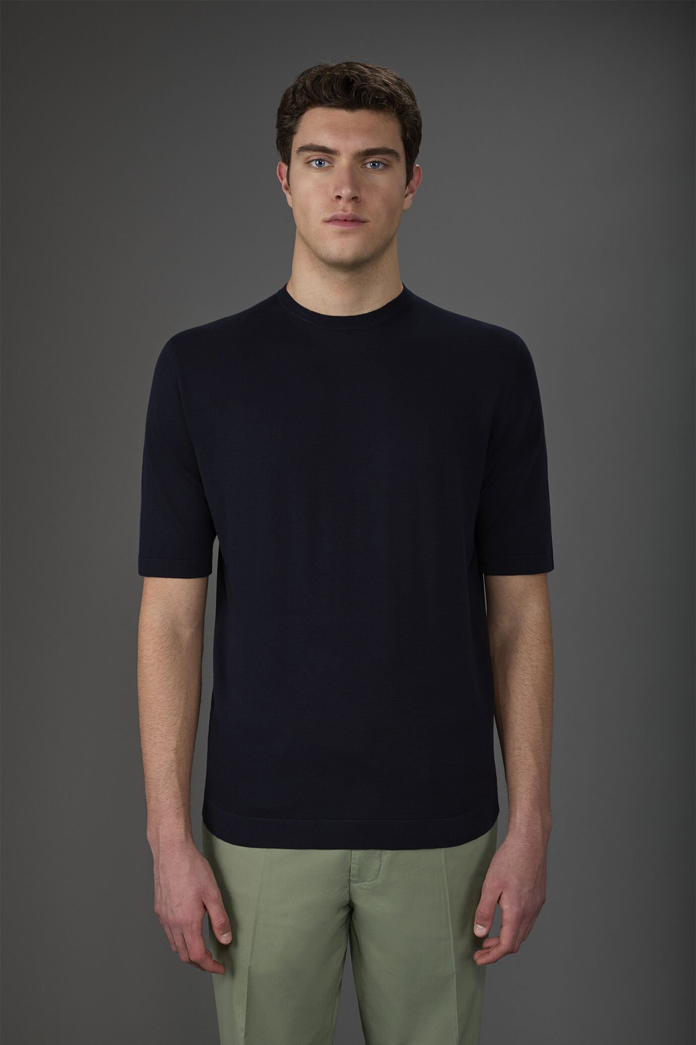 Men's short-sleeved knitted T-shirt in 100% double twisted cotton