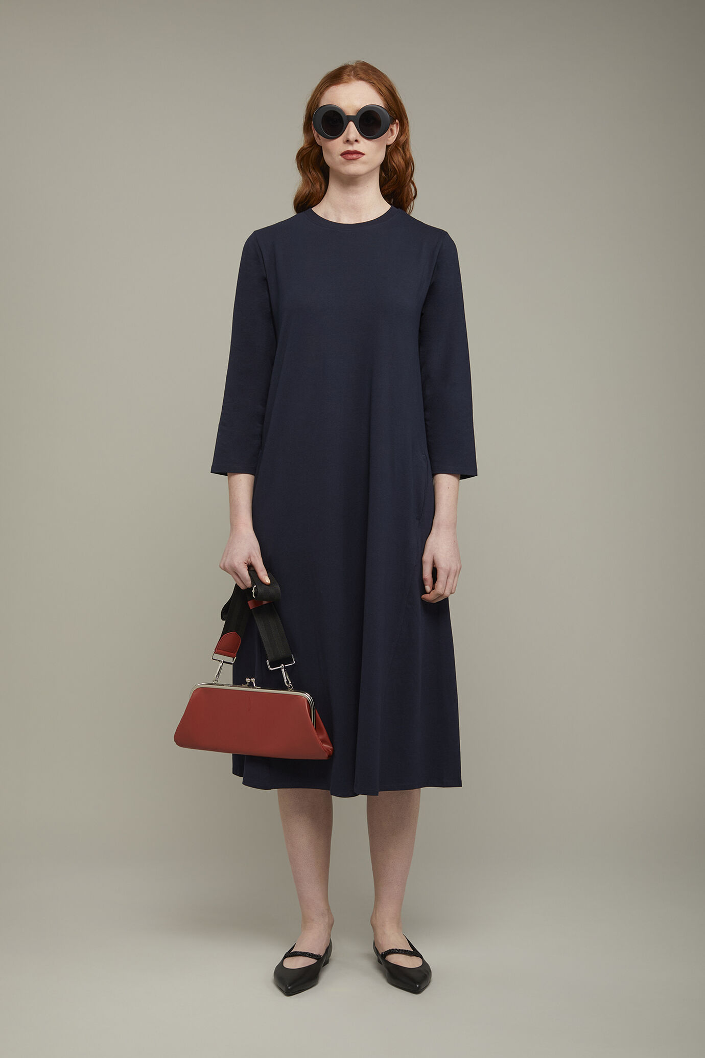 Abito midi donna girocollo con manica lunga in jersey di cotone stretch regular fit image number 0