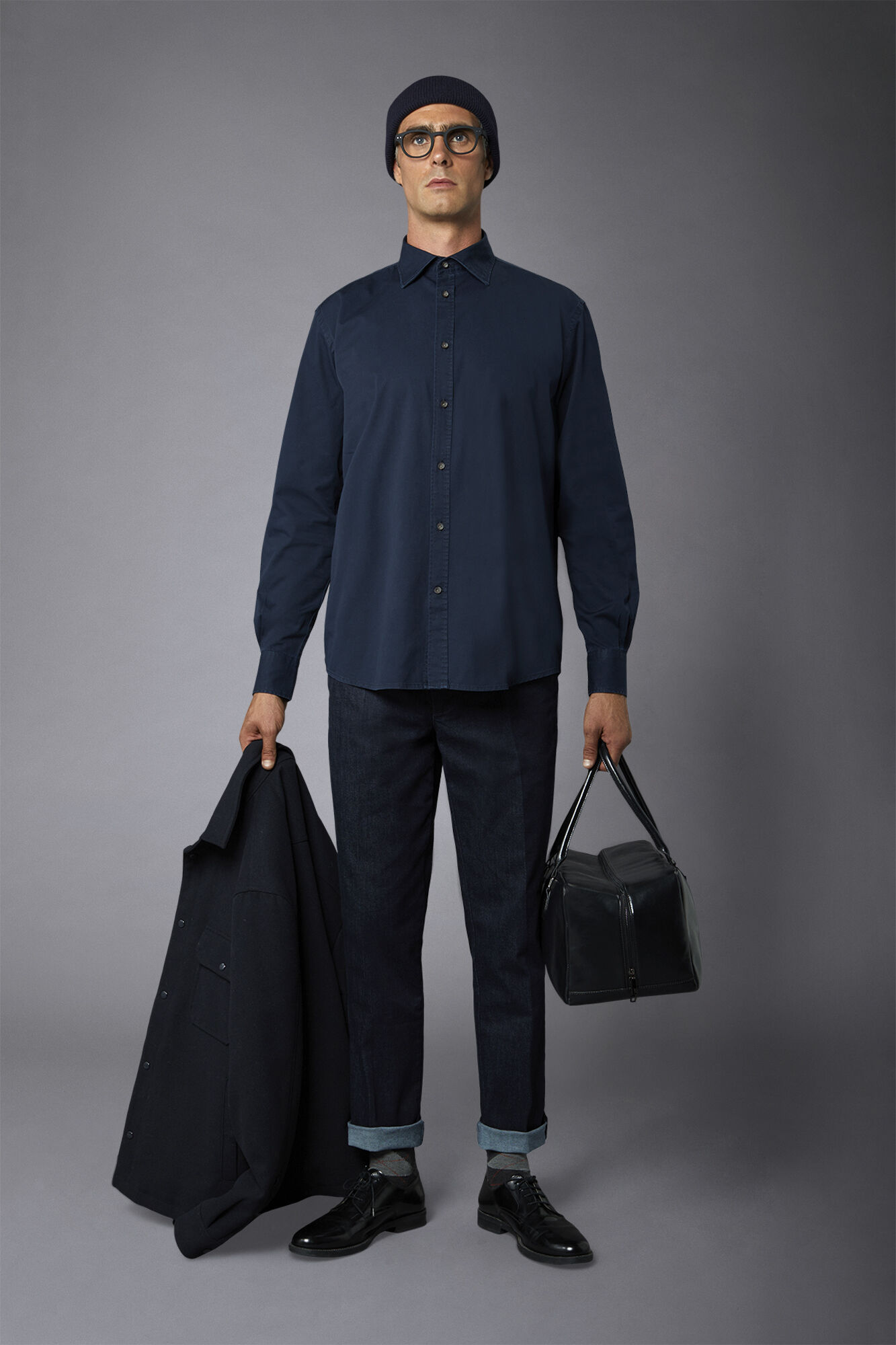 Camicia casual uomo collo francese comfort fit tessuto in gabardina