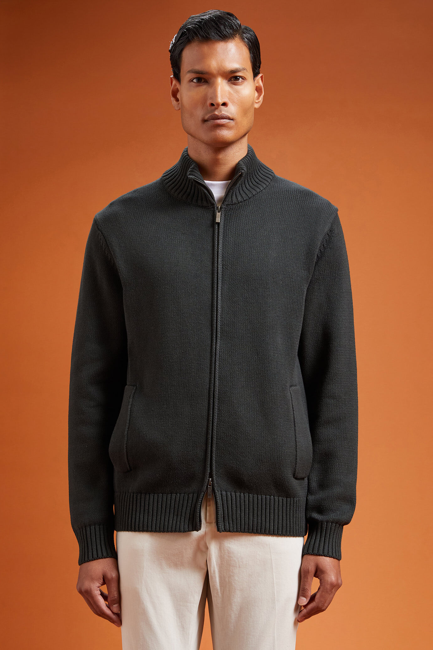 Cardigan uomo con zip a collo alto 100% cotone regular fit image number 0