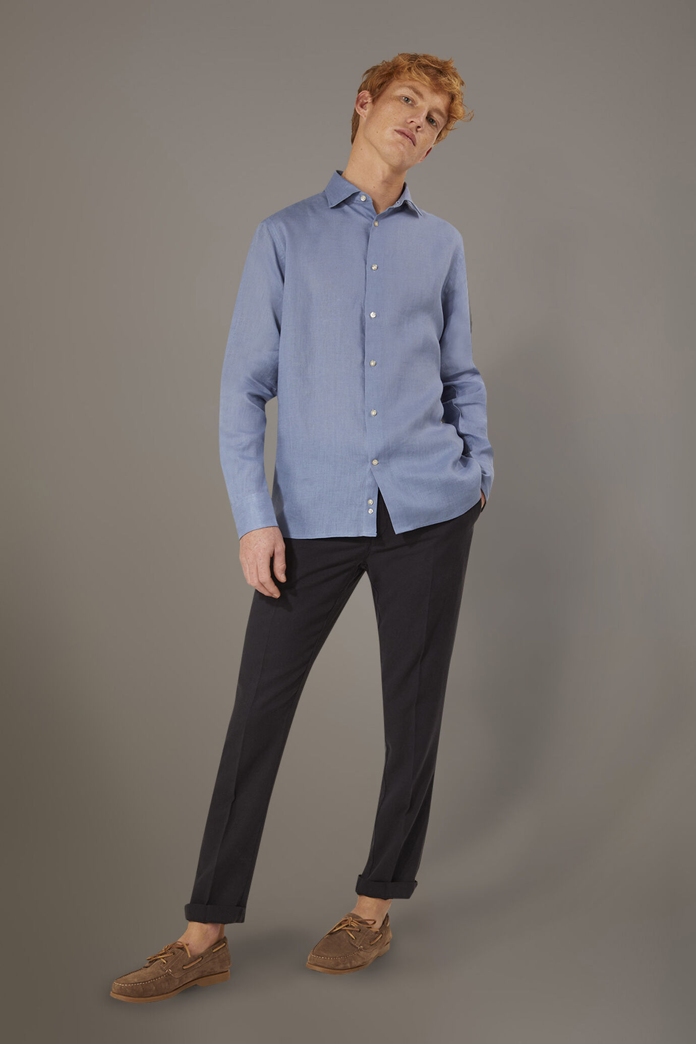 Pantalon chino m&eacute;lang&eacute; lin regular fit en twill image number 0