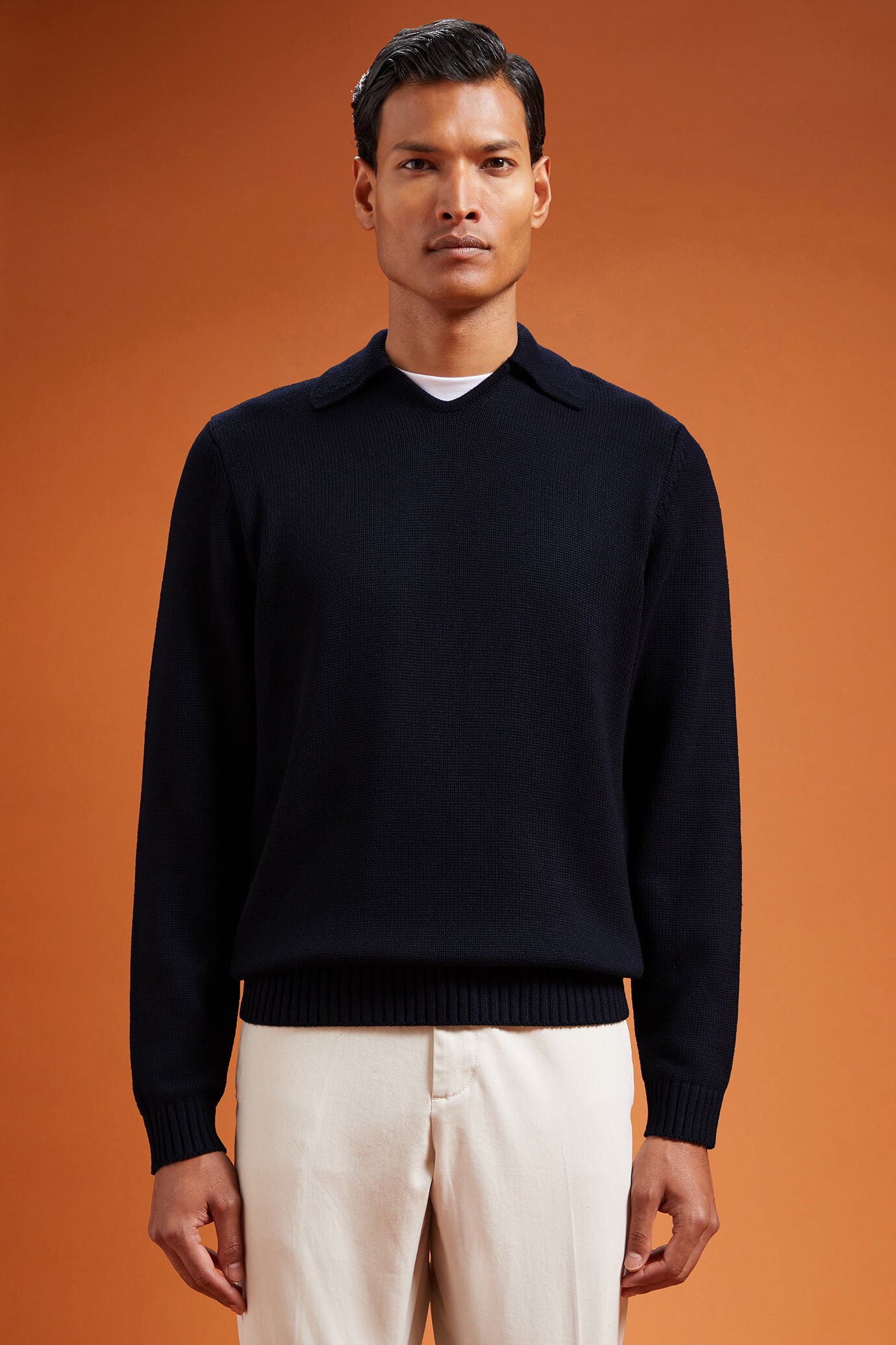 Men's regular fit ribbed knit jumper with a Derby collar