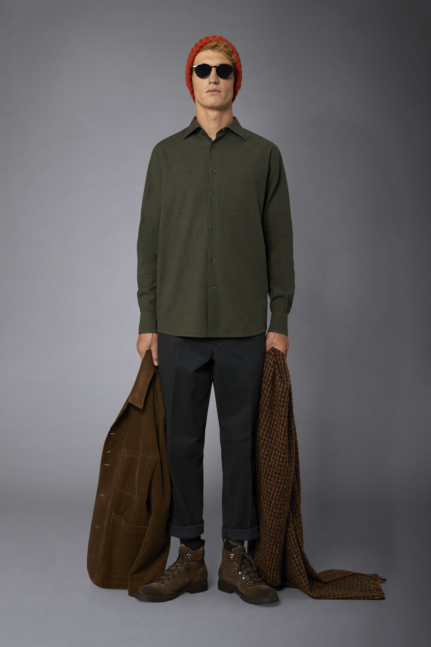 Camicia casual uomo collo francese comfort fit tessuto in flanella spinato image number 0