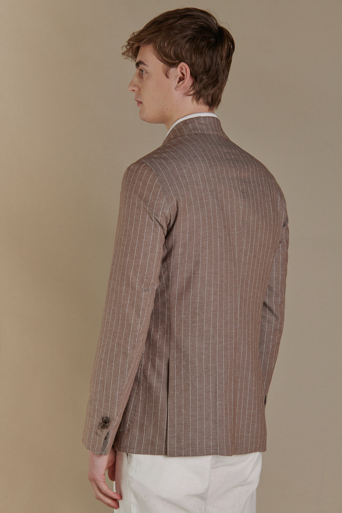 Double breasted jacket peak lapel pinstripepatch pocketslinen cotton blend image number 2