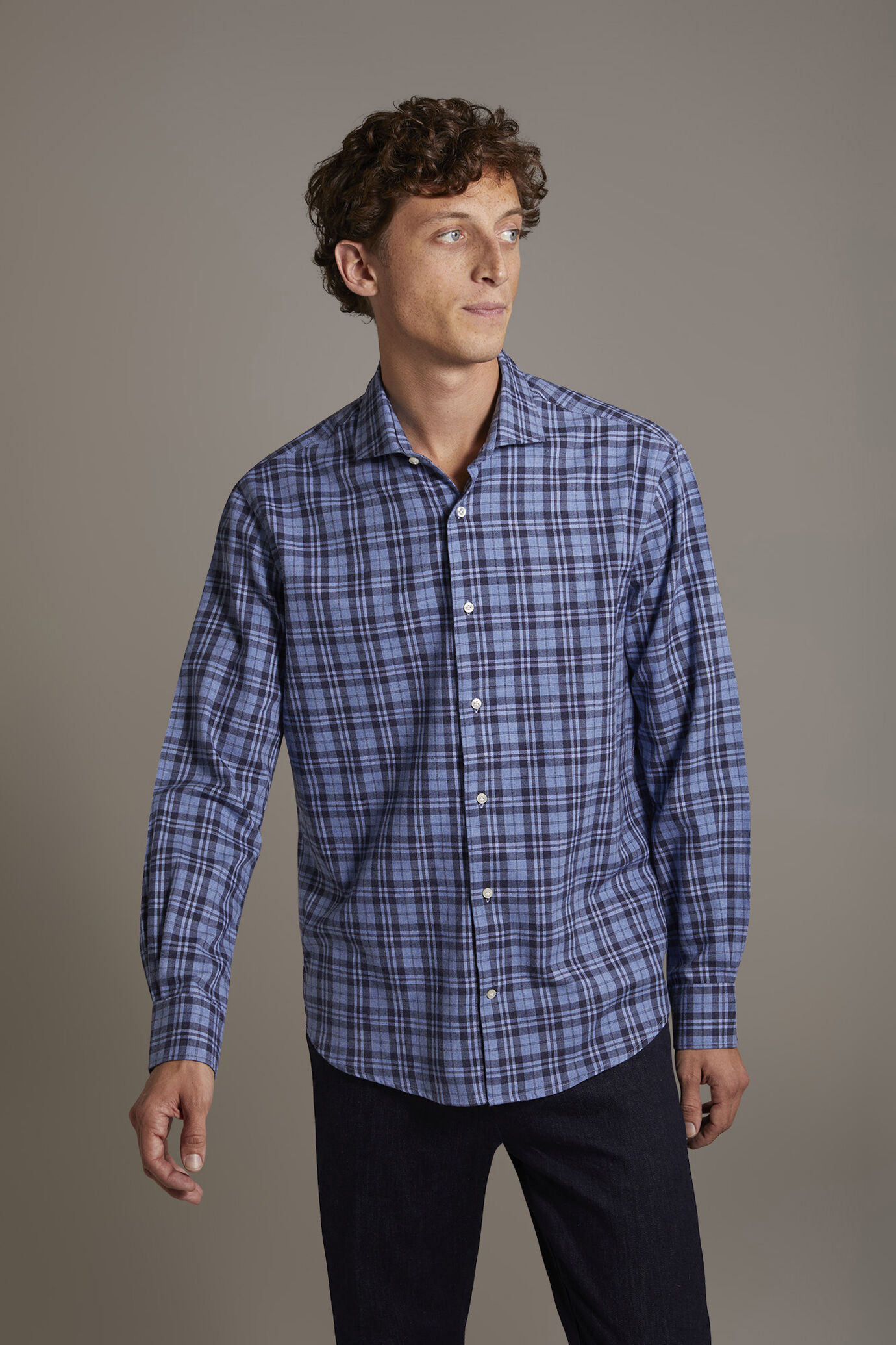 Casual shirt with french collar comfort fit flannel tartan fabric image number 1