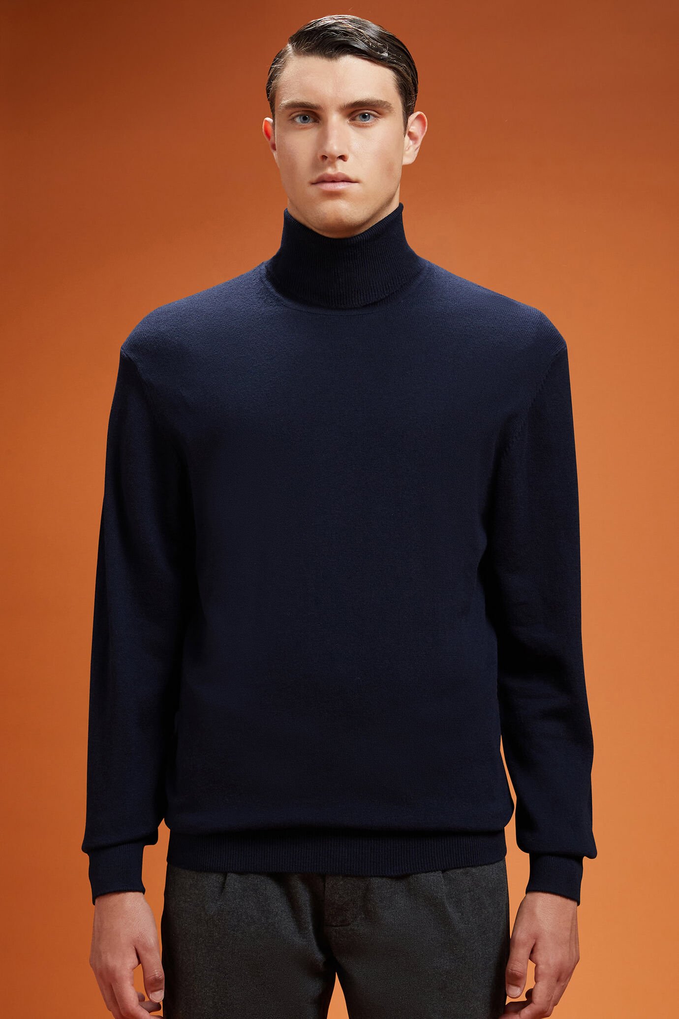 Pull homme à col montant, en laine et coton, coupe classique