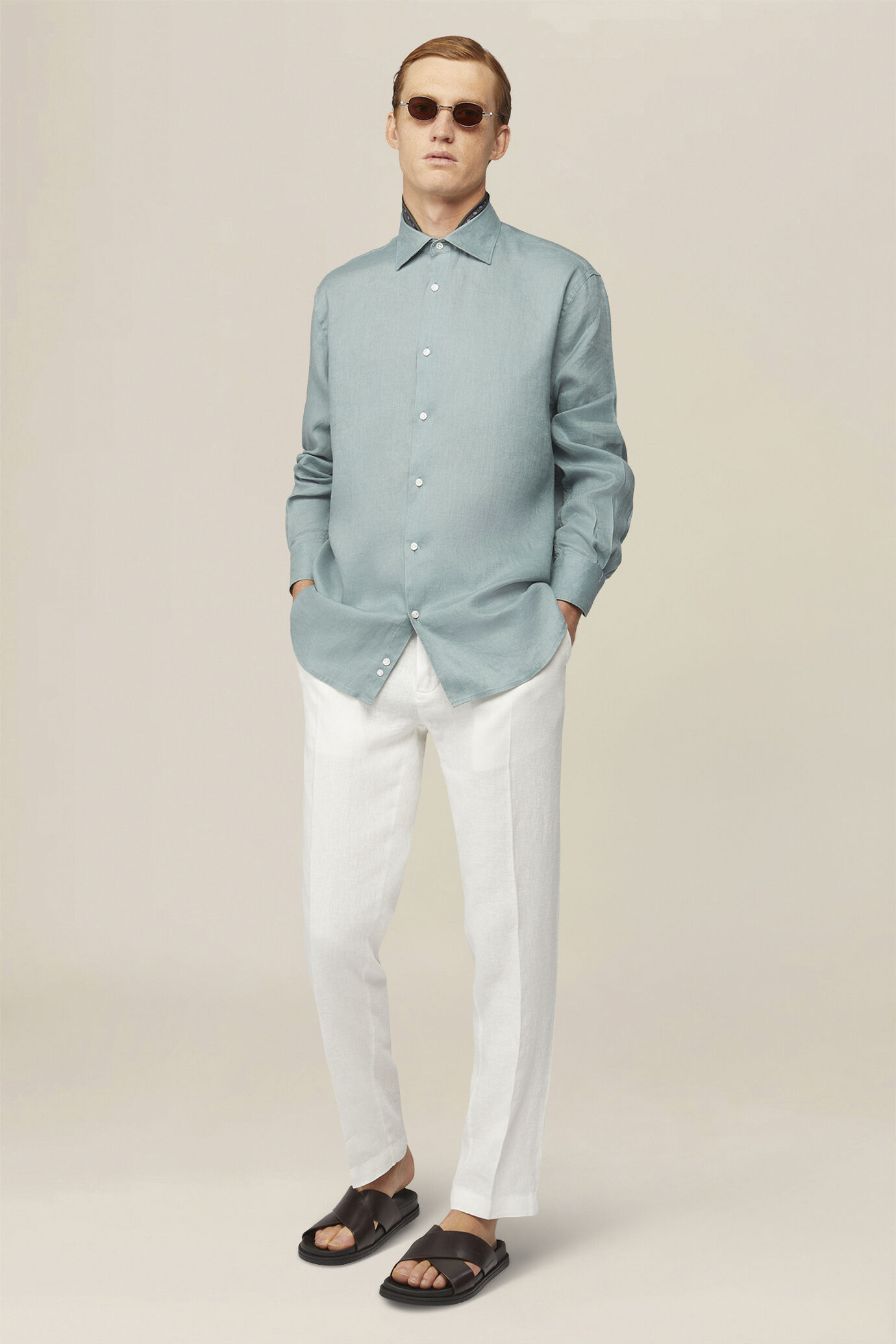 Chemise pour homme 100 % lin boutons blanc cass&eacute; image number 1