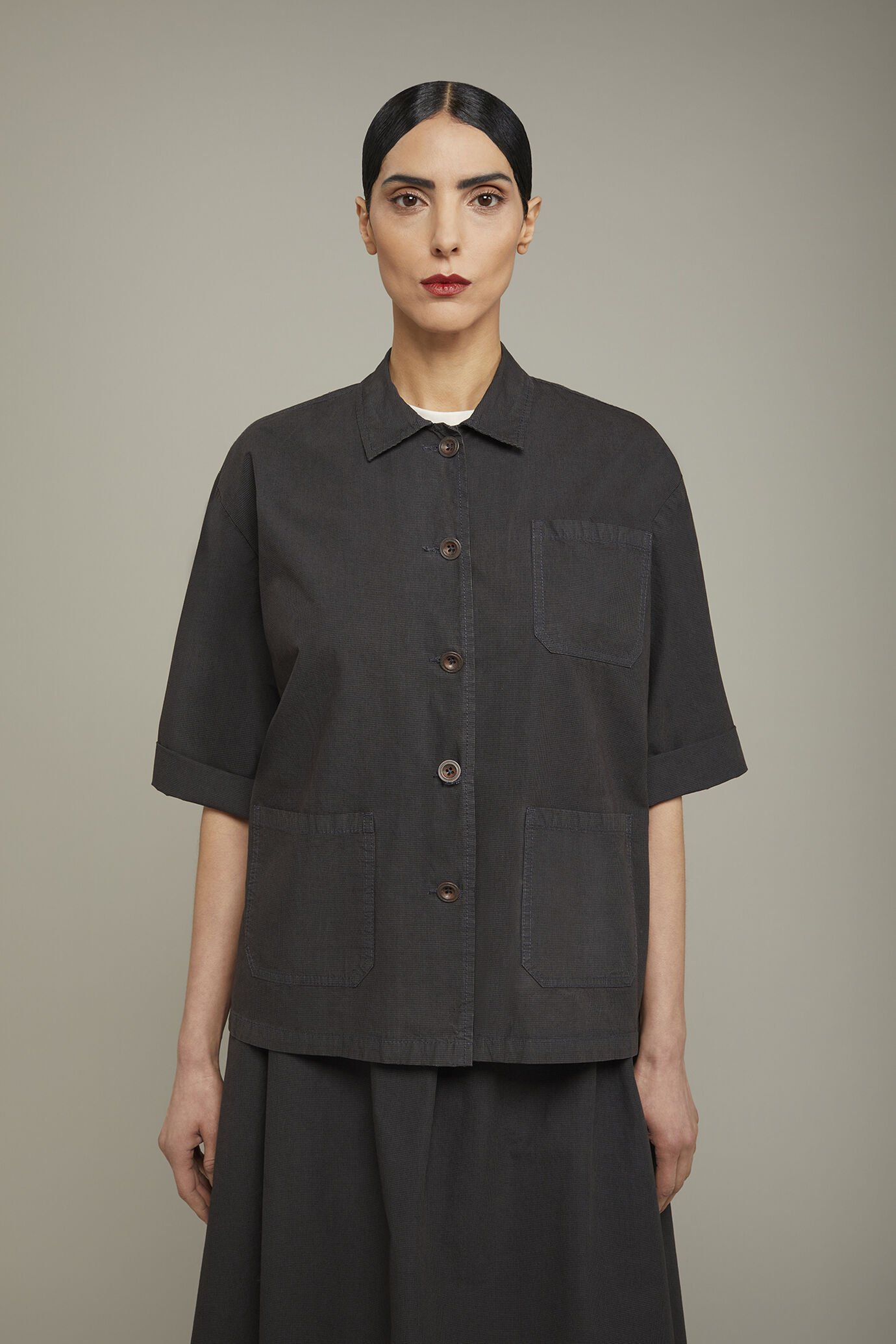 Veste femme à col chemise et motif à microcarreaux en 100 % coton coupe régulière image number 2
