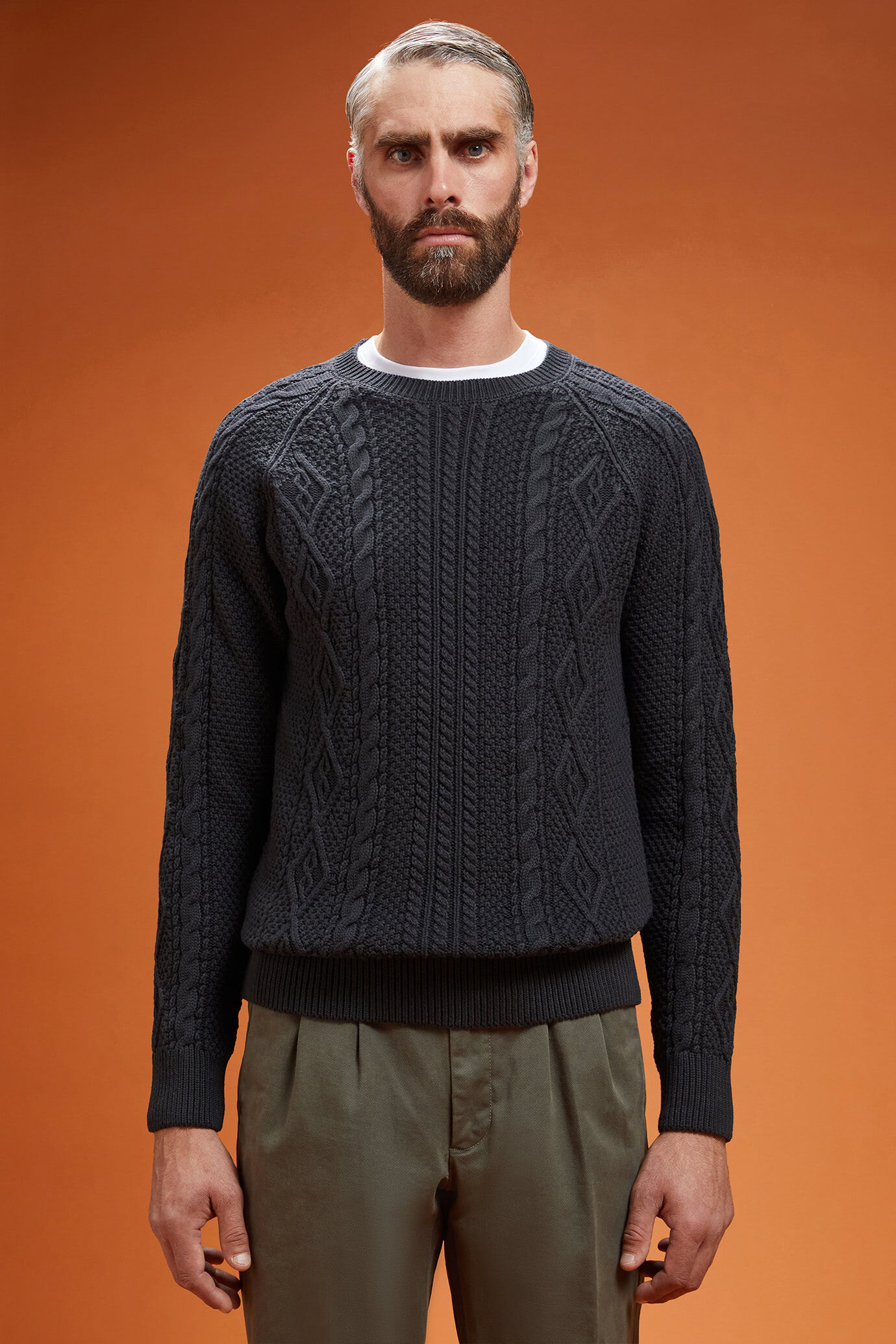 Men's regular fit cable knit jumper in 100% cotton with a crew neck