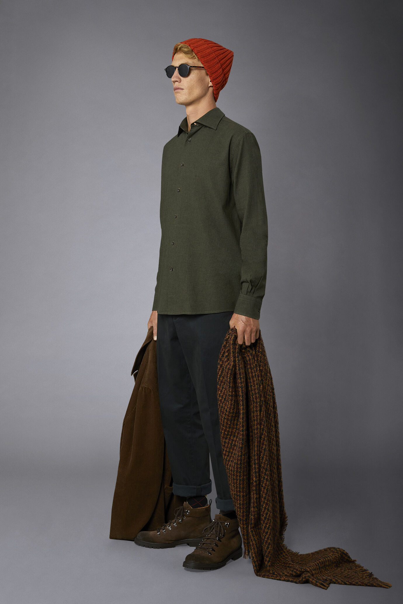 Camicia casual uomo collo francese comfort fit tessuto in flanella spinato image number 1