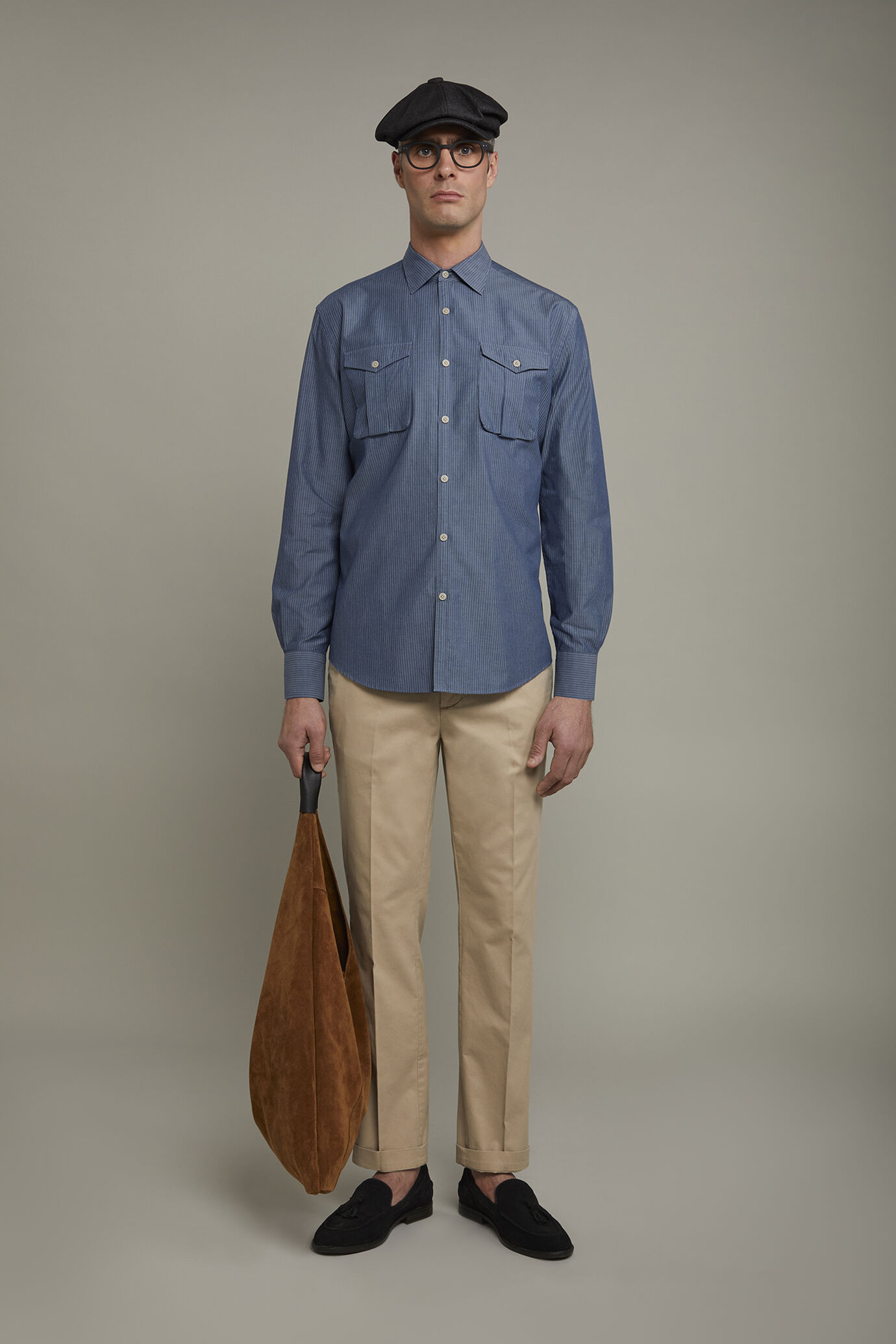 Men&rsquo;s casual shirt with classic collar 100% cotton pinstriped fabric in denim comfort fit image number 0