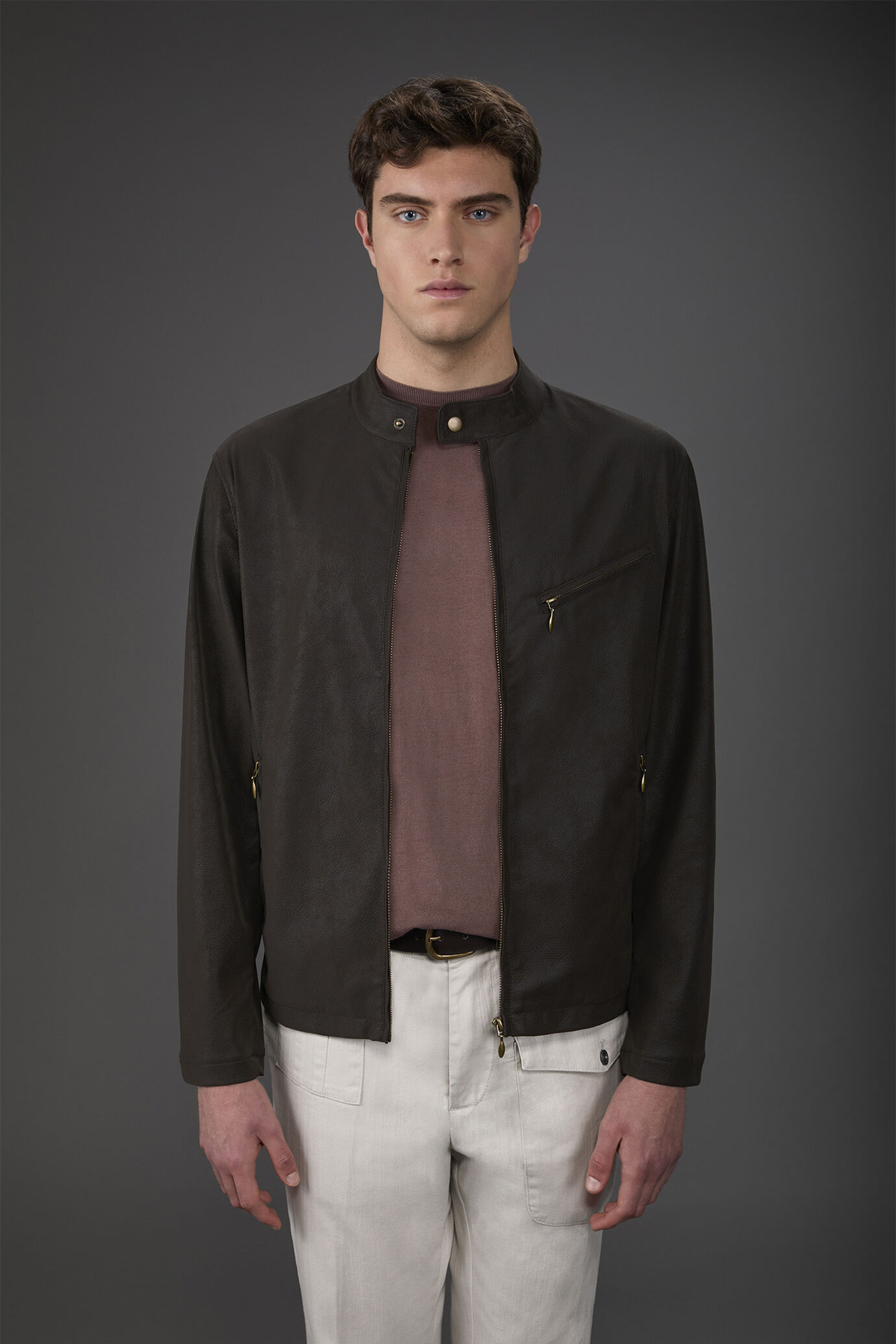 Blouson biker homme en simili cuir doublée, à col Mao image number 1