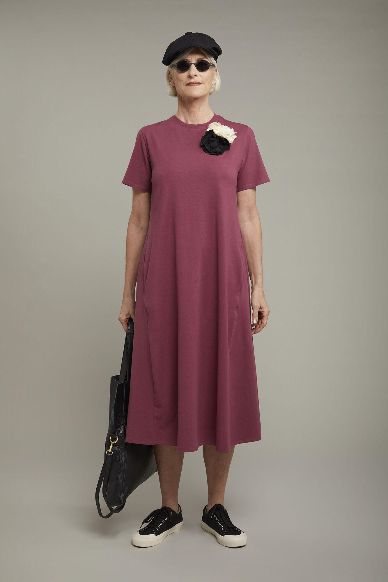 Abito midi donna girocollo con manica corta in jersey di cotone stretch regular fit