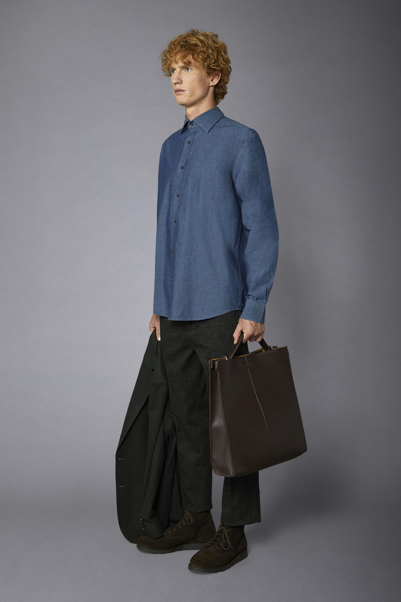 Lässiges Hemd Französischer Kragen Komfort Passform Chambray Stoff image number 1