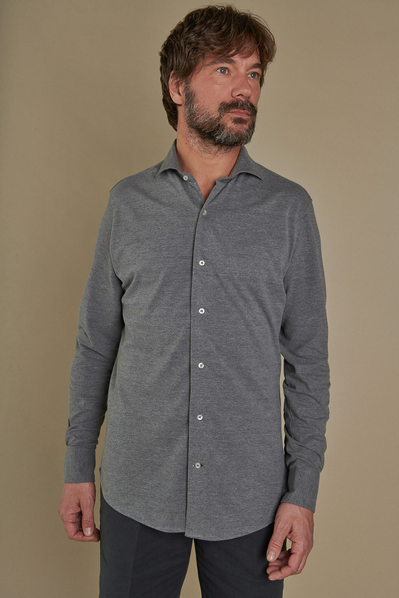 Polo-camicia manica lunga in misto cotone piquet uomo