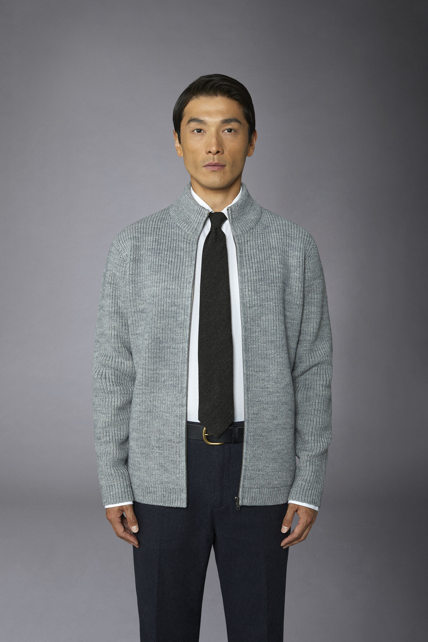 Cardigan uomo con zip a collo alto misto lana a costa inglese regular fit image number 3