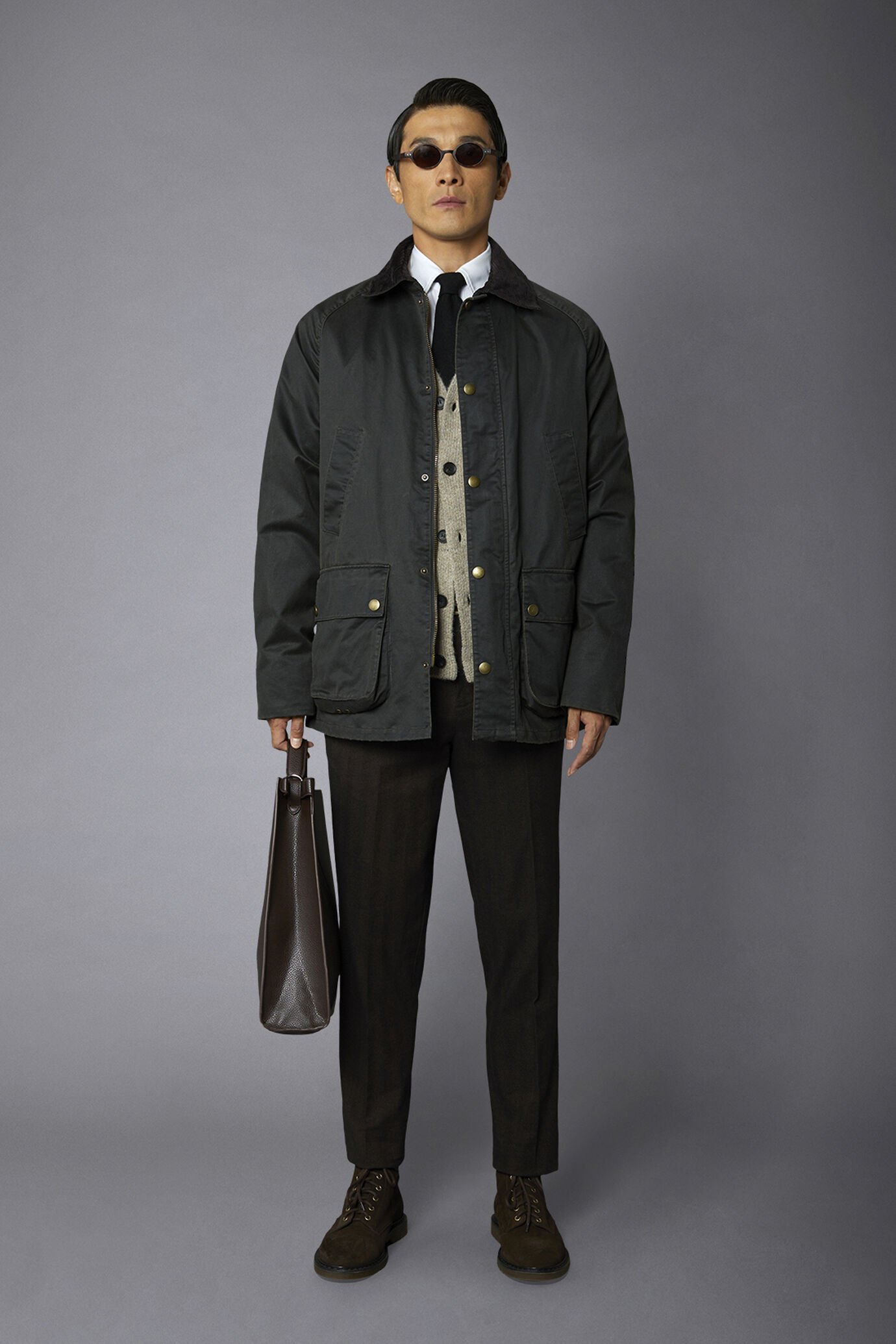 Pantalone uomo senza pinces in cotone stretch tessuto lavato disegno herringbone regular fit image number 0