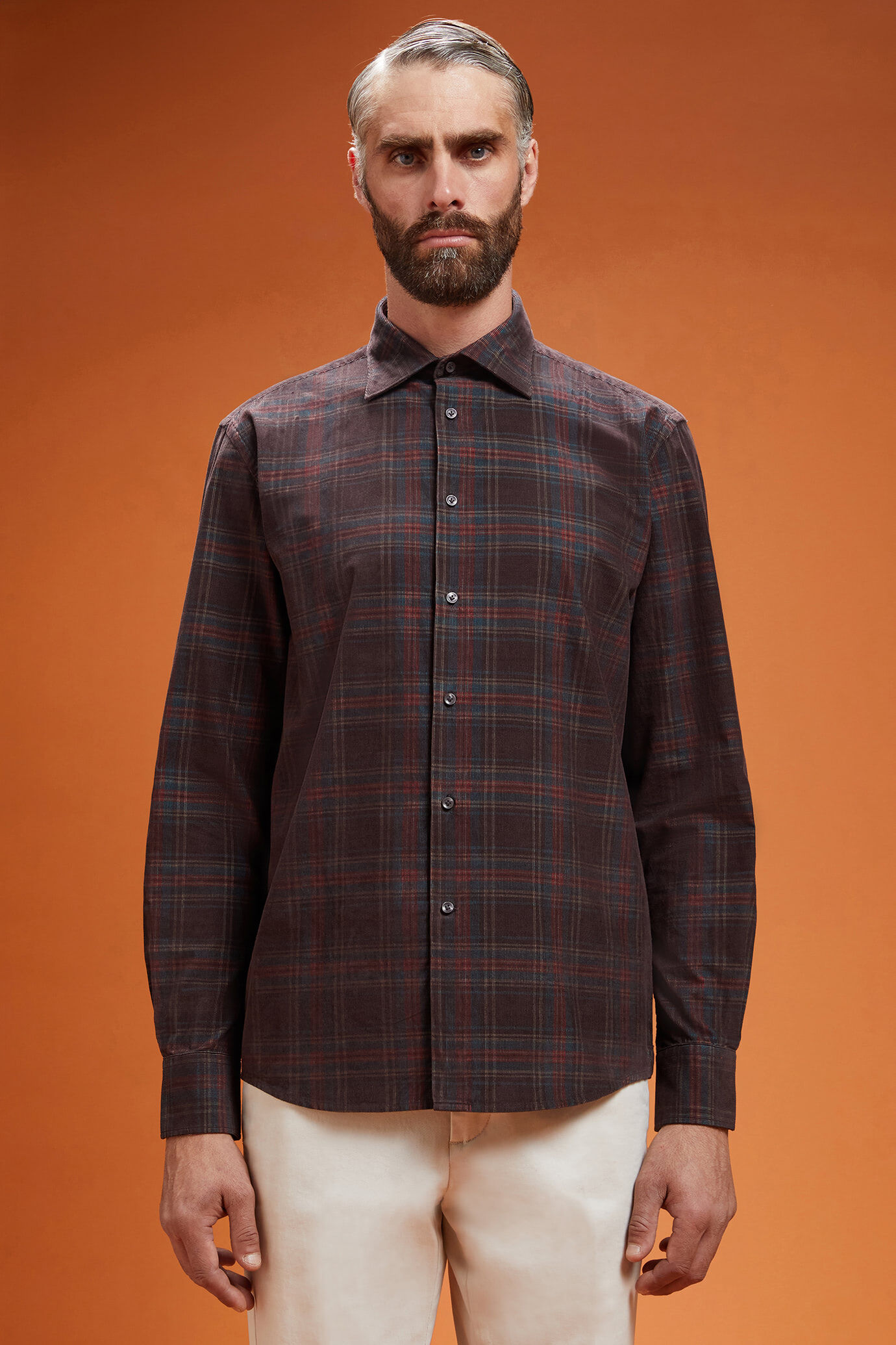 Chemise décontractée pour homme à col classique, 100% coton, tissu velours milleraies avec motif à carreaux, coupe confort