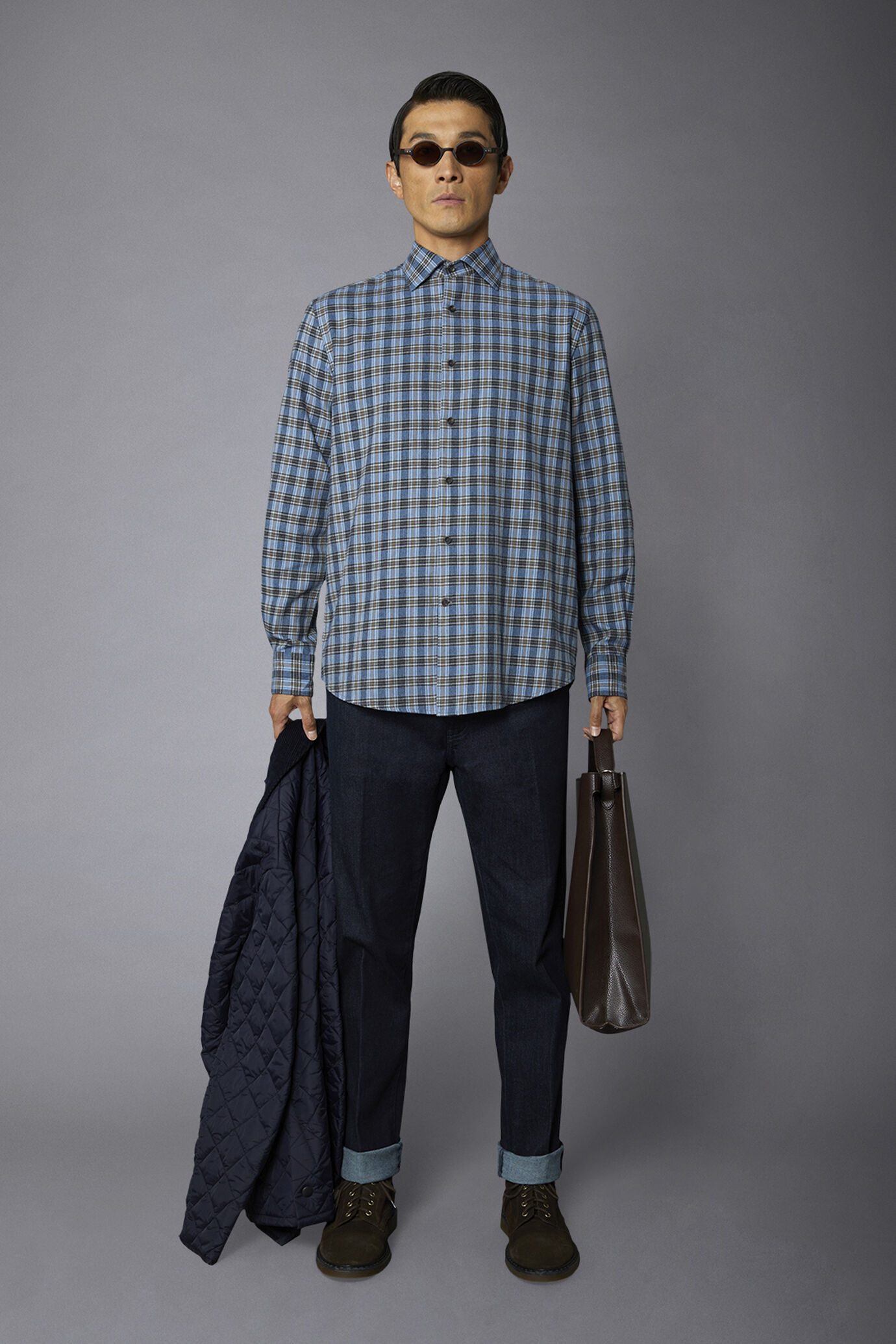 Men's casual french collar comfort fit shirt flannel fabric checked pattern image number 0