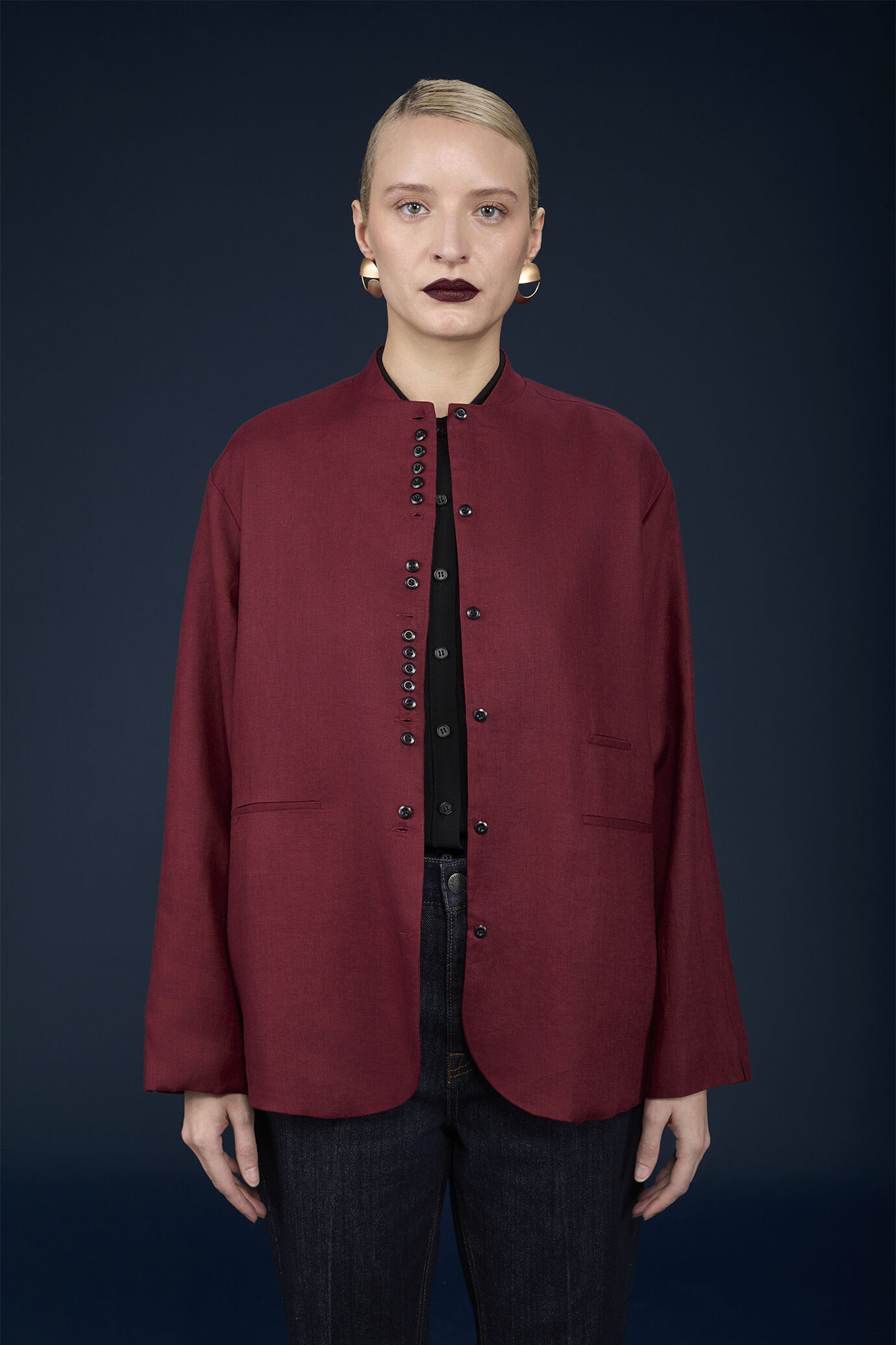 Veste pour femme à simple boutonnage avec col mandarin en lin image number 1