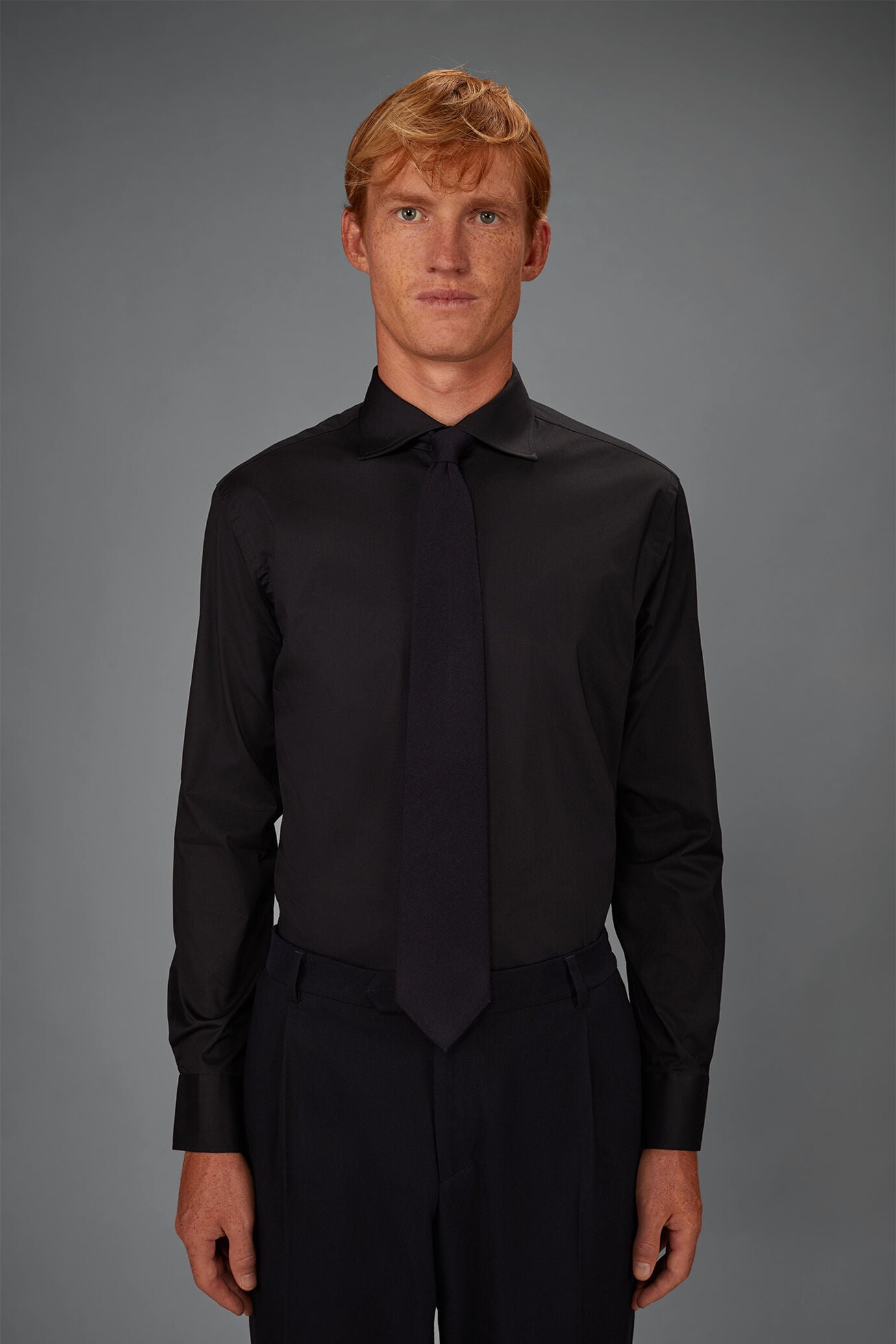 Men's 100% cotton French collar classic shirt stretch slub fabric image number 1
