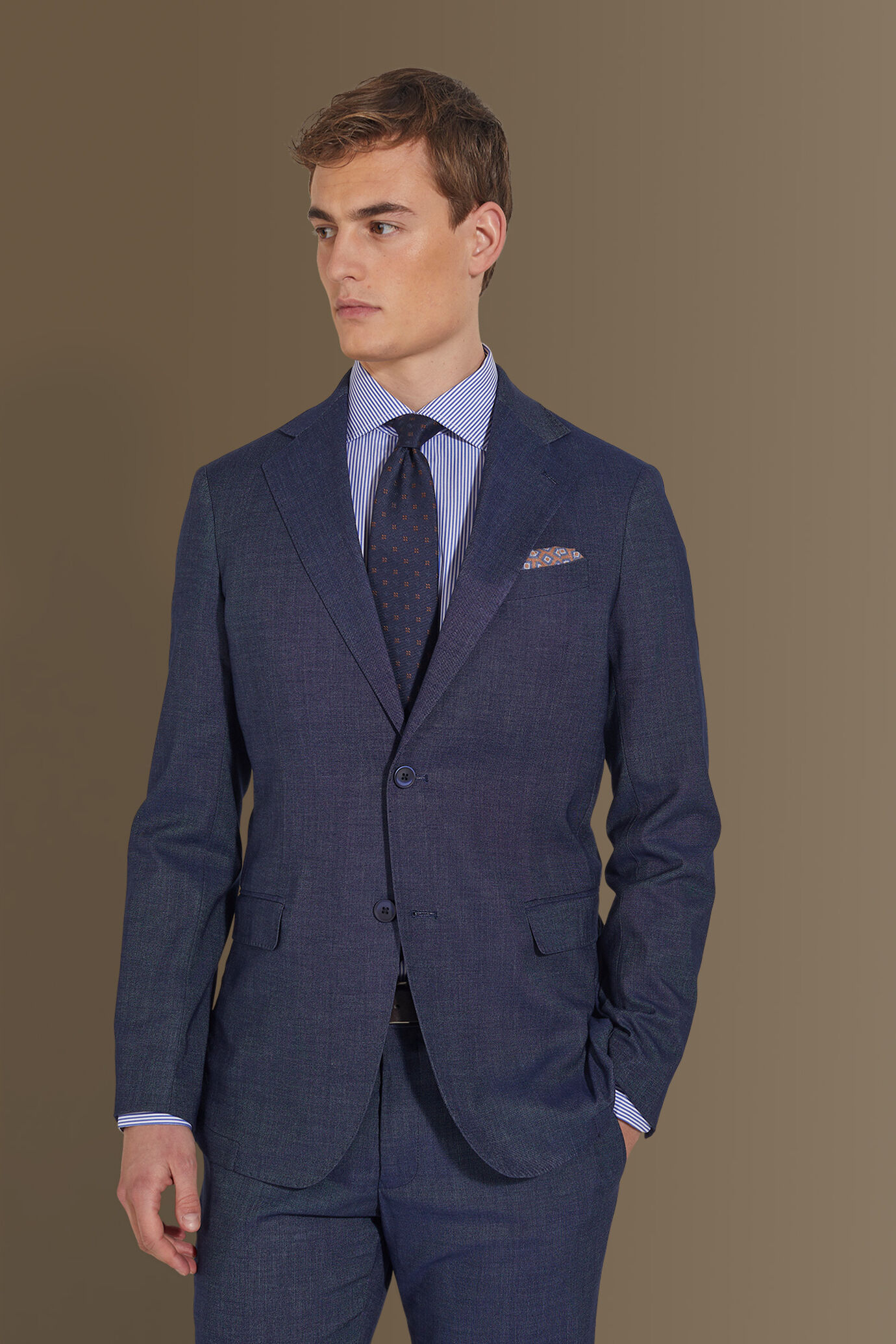 Single breasted suit flat trousers denim fabric effect image number 2