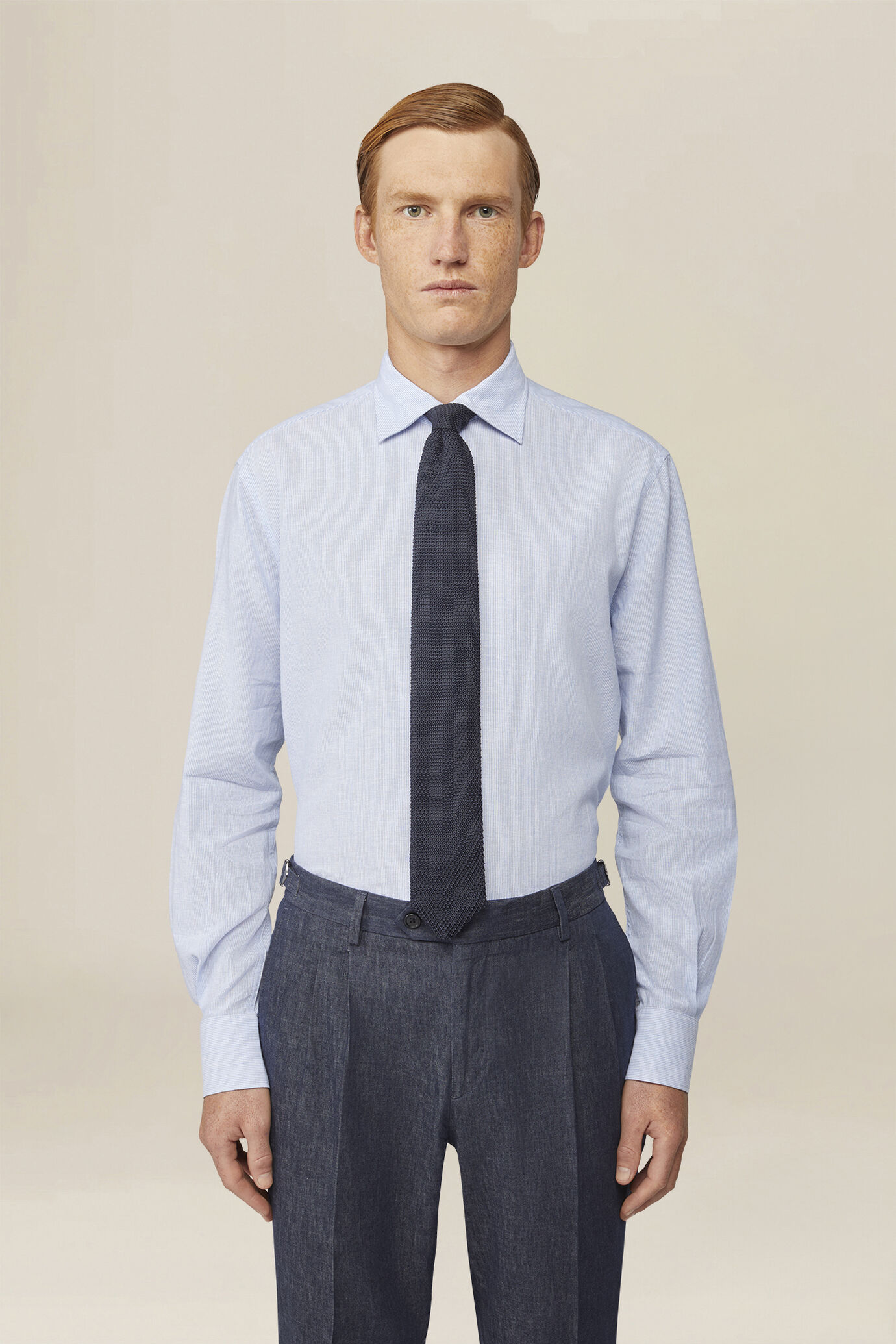 Camicia uomo misto lino cotone righe sottili image number 0