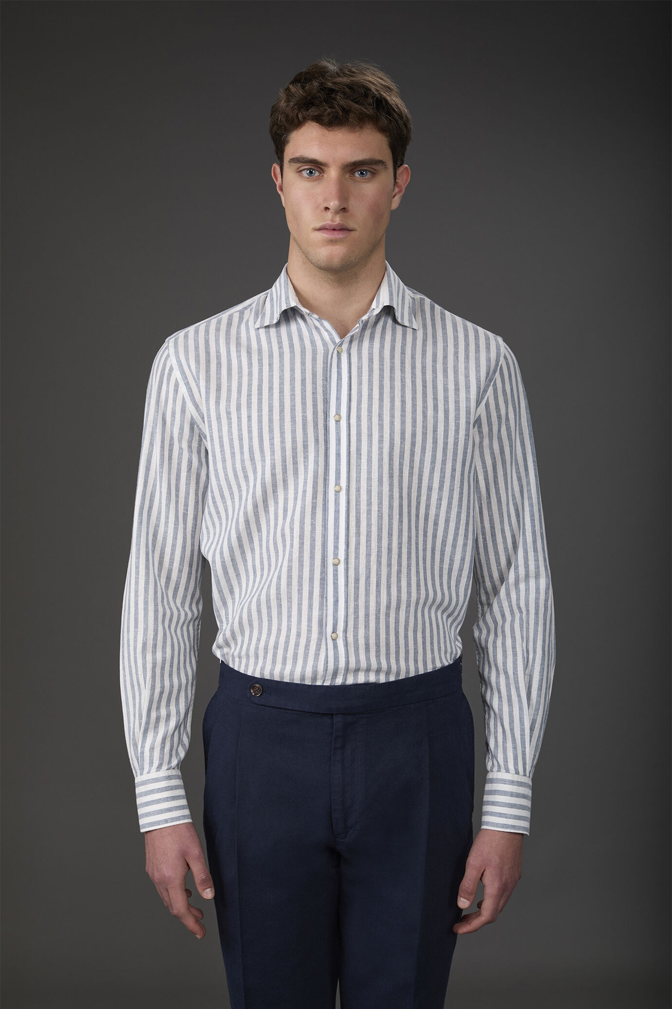 Men's casual shirt with French collar in striped washed linen and cotton fabric