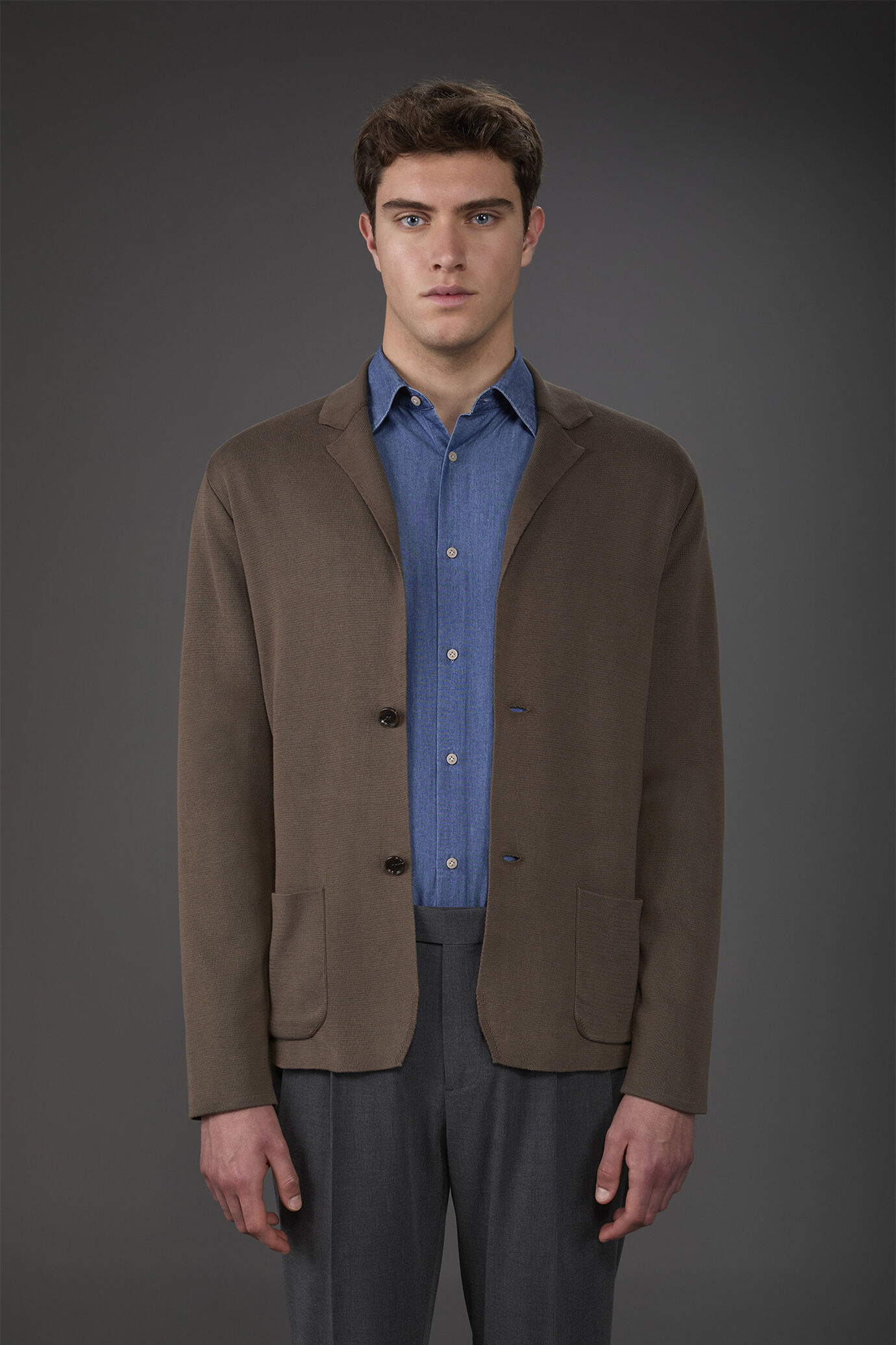 Men's cardigan with patch pockets, 100% cotton milano rib knit