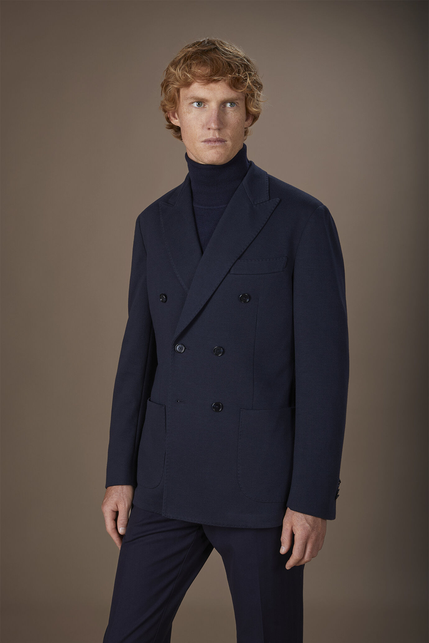 Zweireihige Herrenjacke aus Cavalry-Jersey-Stoff reguläre Passform